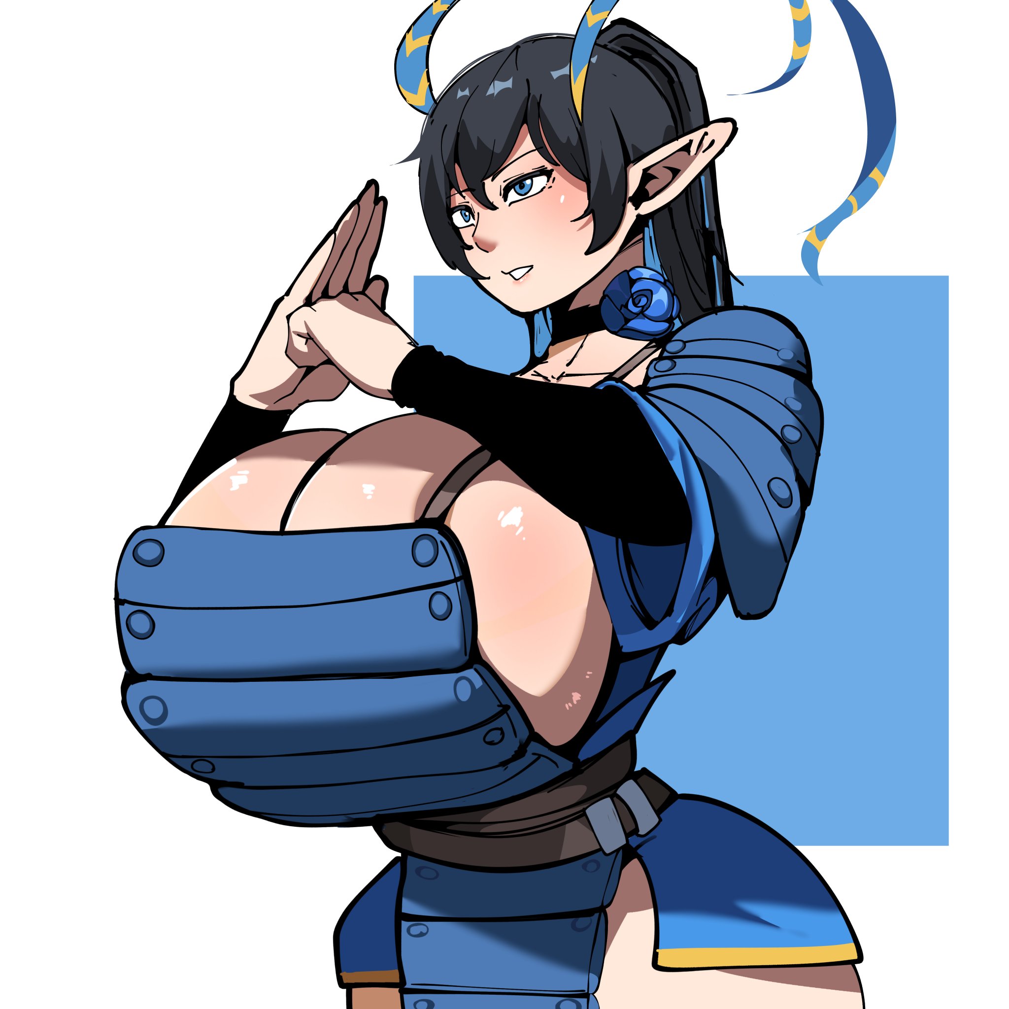 1girls, 2d, armored female, bao quan, barely contained, big breasts, boob window, breasts, choker, cleavage, elf, enormous breasts, female, female only, giant breasts, gigantic breasts, ginormous breasts, hourglass figure, huge breasts, hyper breasts, kingdom, large breasts, massive breasts, pointless armor, rapii (shinhyunxi), samurai armor, shinhyunxi, shiny skin, sideboob, slim waist, solo, top heavy