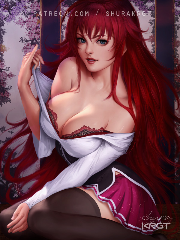 3:4, bent knees, blue eyes, bra, breasts, cleavage, clothed, exposing chest, female, female only, high school dxd, holding shirt, lingerie, lipstick, long hair, looking at viewer, makeup, red hair, red lips, rias gremory, school uniform, shirt pull, shurakrgt, sitting, smile, smooth skin, solo, thighhighs, underwear, uniform, wallpaper