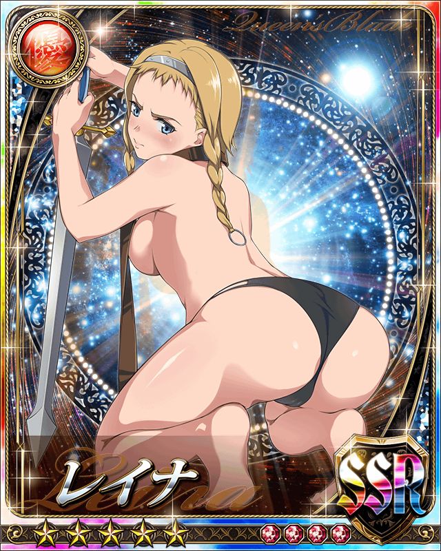 ass barefoot big_ass blonde_hair blush breasts card card_(medium) curvy feet female large_breasts leina long_hair looking_at_viewer looking_back moaning queen's_blade shiny shiny_skin solo thighhighs thong topless