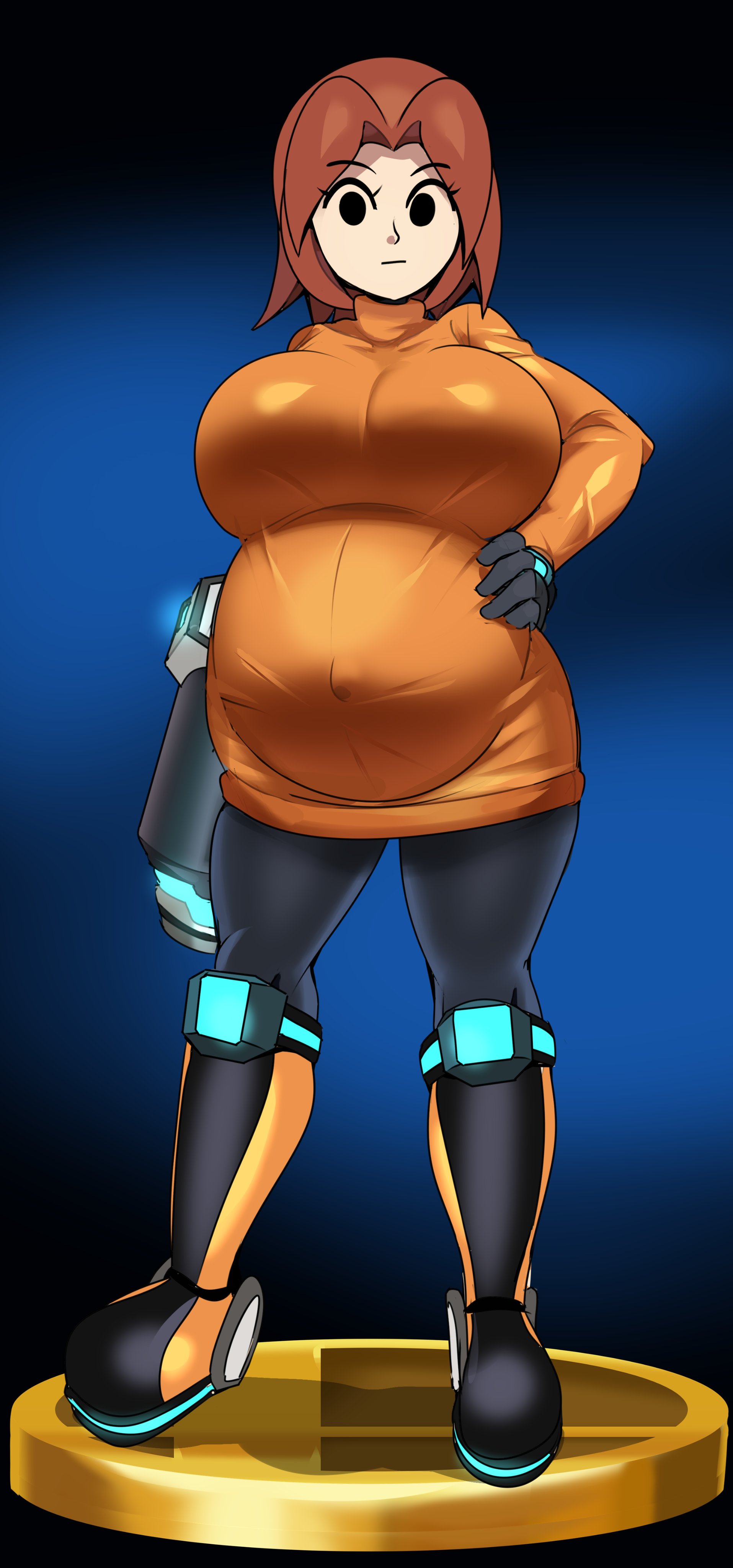 :|, 1girls, alternate breast size, arm cannon, belt, belt buckle, black eyes, black footwear, black gloves, black leggings, black pantyhose, blue background, boots, breasts, brown belt, brown hair, buckle, captain kirb, closed mouth, clothing, curvy, dress, expressionless, female, forehead, full body, gloves, gun, hair intakes, hand on own hip, huge breasts, knee boots, large breasts, leggings, legs apart, long hair, long sleeves, looking at viewer, medium hair, mii, mii gunner, mii gunner (smash 4), mob face, narrow waist, neon trim, nintendo, orange dress, orange footwear, orange sweater, pantyhose, parted bangs, pregnant, pregnant belly, pregnant female, short dress, short hair, skindentation, solo, standing, super smash bros., sweater, sweater dress, taut clothes, thick thighs, thighs, trophy, turtleneck, turtleneck dress, turtleneck sweater, weapon, wide hips