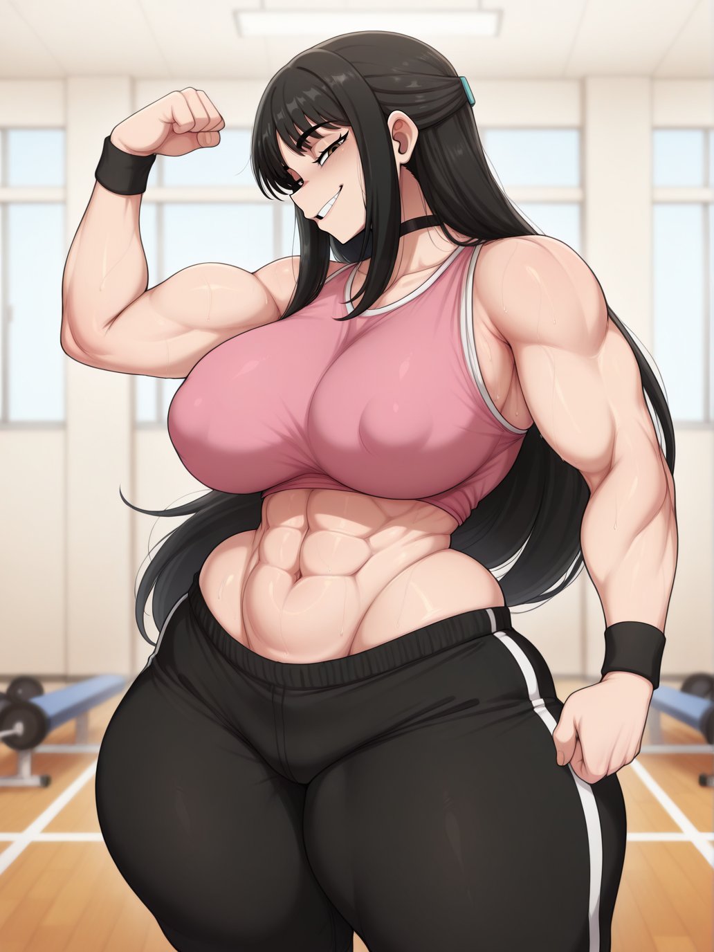 1girls, 2026, after workout, ai generated, areola bulge, areolae, big breasts, blush, brown eyes, brown hair, child bearing hips, collar, el memc, female, female only, flexing, flexing bicep, gym, gym clothes, hair ornament, horny, horny female, huge breasts, hyper breasts, imminent sex, looking at viewer, looking pleasured, mem (memch0), memch0, muscular, muscular female, musk, musk clouds, oc, original, original character, sweat, sweatdrop, sweating, sweaty, thick thighs, thunder thighs, tight clothing