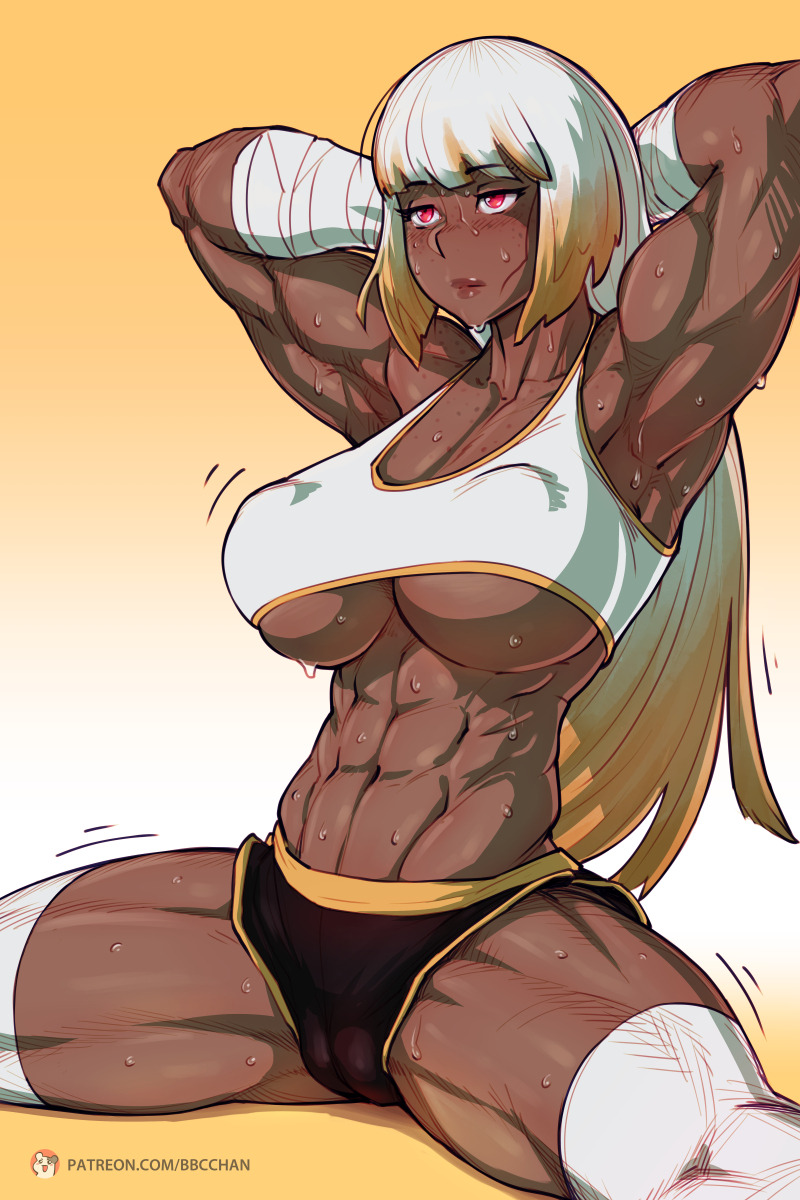 1girls, 2018, abs, armpits, arms up, bbc-chan, belly, big breasts, blonde hair, blush, booty shorts, breasts, cameltoe, cleavage, dark skin, dark-skinned female, eyelashes, female, female only, freckles, half-closed eyes, huge breasts, large breasts, long hair, looking away, midriff, motion lines, muscles, muscular, muscular female, navel, orange background, original character, ponytail, pussy, red eyes, shirt, solo, sports bra, spread legs, stretching, sweat, tank top, text, thick thighs, toned, toned female, underboob, url, watermark