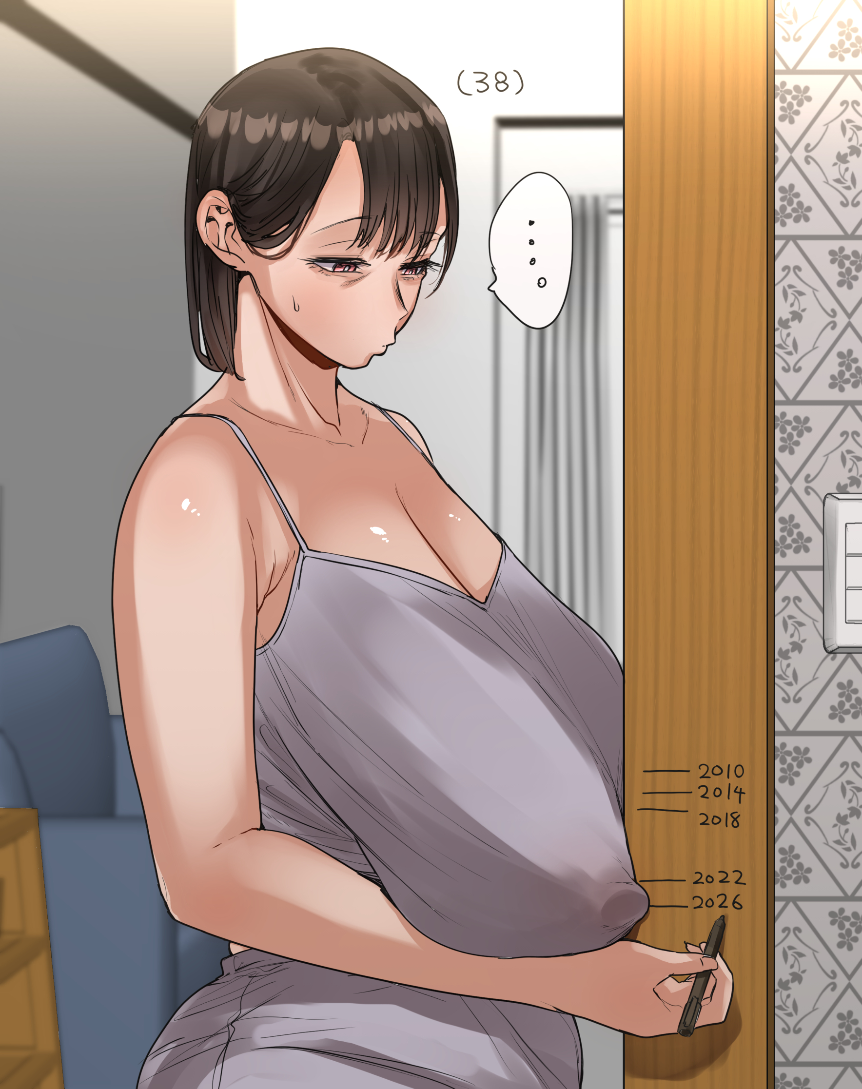 1girls, age progression, ass growth, bangs, bare arms, bare shoulders, black hair, bob cut, breast growth, breasts, character age, cleavage, collarbone, covered nipples, crop top, doorframe, drooping breasts, ellipsis, female, female focus, female only, from side, grey tank top, holding object, holding pen, huge breasts, indoors, large ass, large breasts, nipple bulge, nipples, older female, orange eyes, original, original character, pen, pout, pouting, pouty lips, ricochet-gou, sagging, sagging boobs, sagging breasts, saggy, saggy breasts, short hair, solo female, solo focus, speech bubble, sweatdrop, tank top, time progression, wallpaper (object), weight gain, weight gain female
