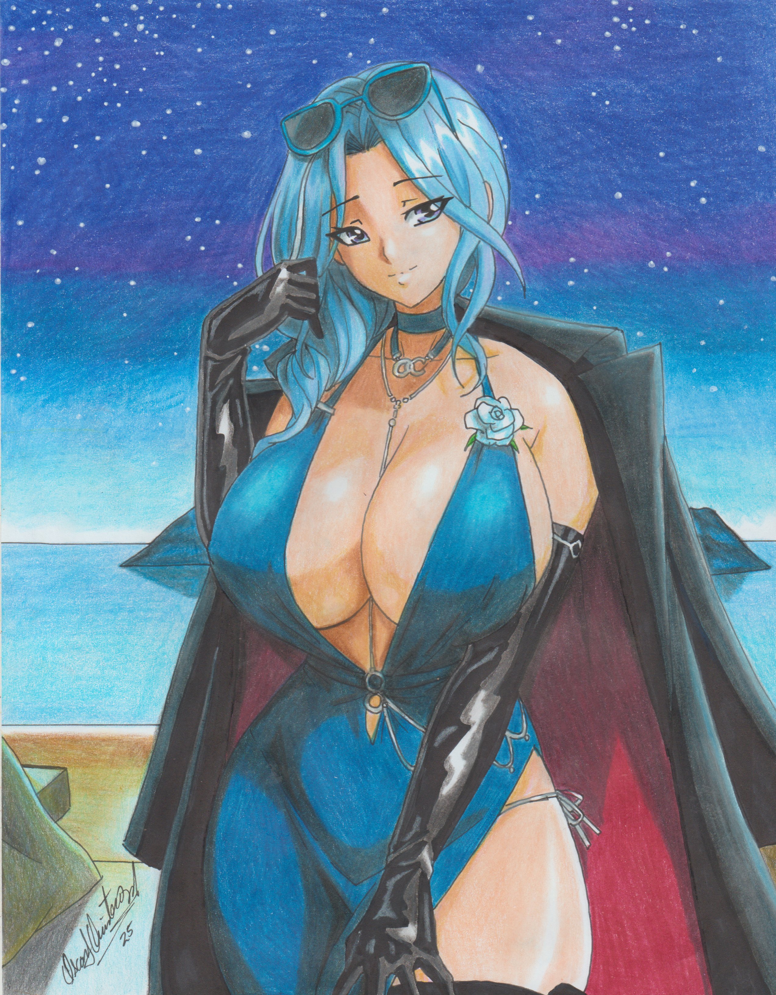1girls, 2025, absurdres, adjusting hair, armwear, black gloves, blue choker, blue clothing, blue dress, blue hair, blue theme, blue-framed eyewear, breasts, choker, cleavage, coat, coat on shoulders, cold colors, dp-12 (girls' frontline), dress, eastern style, elbow gloves, evening, evening gown, exposed thigh, eyes visible through hair, eyewear, eyewear on head, female, front view, full cleavage, ghost lips, girls' frontline, girls' frontline 2: exilium, gloves, grey eyes, hair, halter dress, halterneck, helen (girls' frontline 2), helen (starlit waltz) (girls' frontline 2), highres, huge breasts, human, jewelry, light blue hair, light skin, light-skinned female, long gloves, long hair, looking at viewer, necklace, night, night sky, nipple bulge, overcoat, pantylines, pencil (artwork), ravern clouk, side slit, side-tie panties, signature, silver eyes, sky, sky background, solo, standing, star (sky), starry sky, sunglasses, sunglasses on head, thigh strap, tinted eyewear, traditional media, traditional media (artwork), tsurime