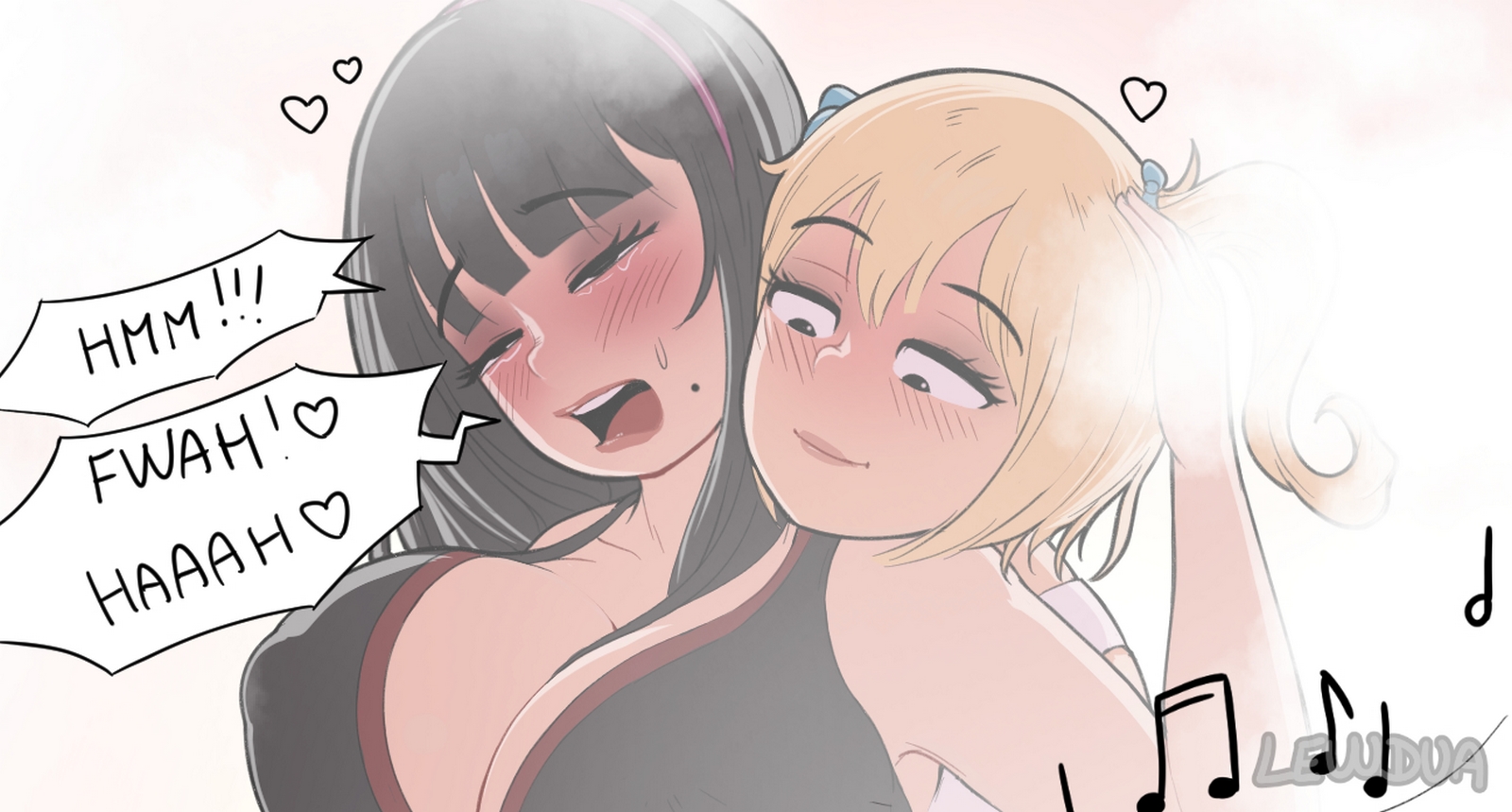 2futas, alison (lewdua), black hair, blonde hair, blue eyes, blush, breasts, brown hair, clothing, english text, futa on futa, futanari, half-closed eyes, intersex, large breasts, lewdua, long hair, masturbation, mole, mole under mouth, nessie (lewdua), open mouth, original, public, smile, speech bubble, stealth sex, textured background