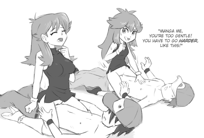 2018, 2boys, 2girls, age difference, arysil (artist), ass, big breasts, bottomless, breasts, cowgirl position, dress, eyelashes, female, flat chest, foursome, green (pokemon), hat, high heels, human, human only, long hair, male, monochrome, nintendo, nipples, no panties, on back, on top, orgy, pants, pants down, pokemon, pokemon (manga), pokemon adventures, pokemon lgpe, pokemon rgby, pussy, red (pokemon), riding, sex, shoes, short hair, straight, sweat, text, topless, white background