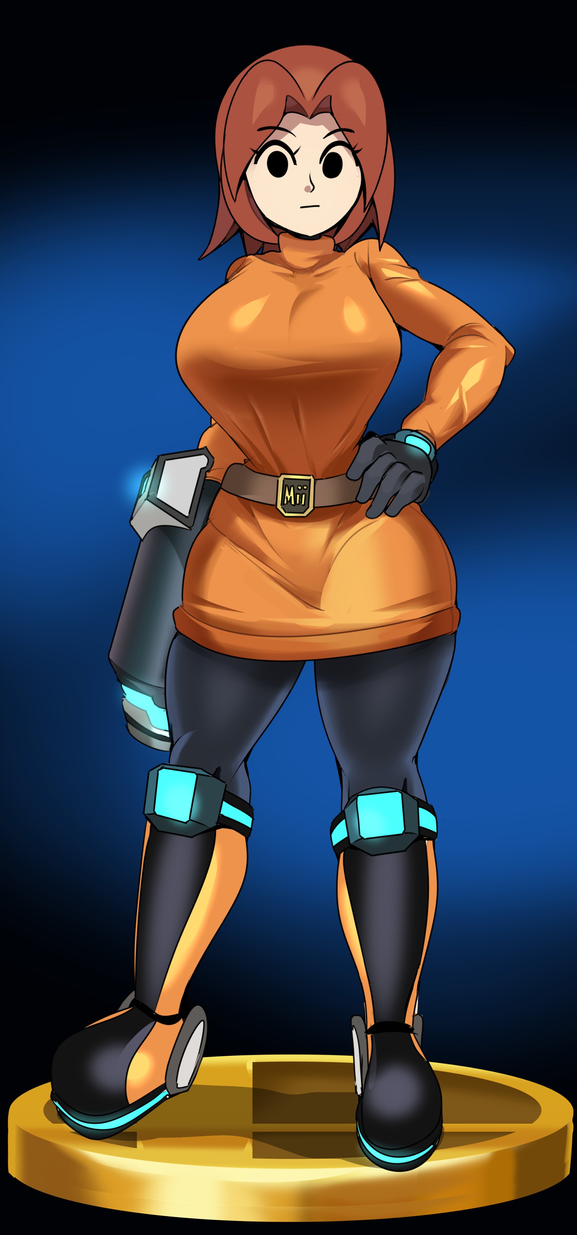 :|, 1girls, alternate breast size, arm cannon, belt, belt buckle, black eyes, black footwear, black gloves, black leggings, black pantyhose, blue background, boots, breasts, brown belt, brown hair, buckle, captain kirb, closed mouth, clothing, curvy, dress, expressionless, female, forehead, full body, gloves, gun, hair intakes, hand on own hip, huge breasts, knee boots, large breasts, leggings, legs apart, long hair, long sleeves, looking at viewer, medium hair, mii, mii gunner, mii gunner (smash 4), mob face, narrow waist, neon trim, nintendo, orange dress, orange footwear, orange sweater, pantyhose, parted bangs, short dress, short hair, skindentation, solo, standing, super smash bros., sweater, sweater dress, taut clothes, thick thighs, thighs, trophy, turtleneck, turtleneck dress, turtleneck sweater, weapon, wide hips