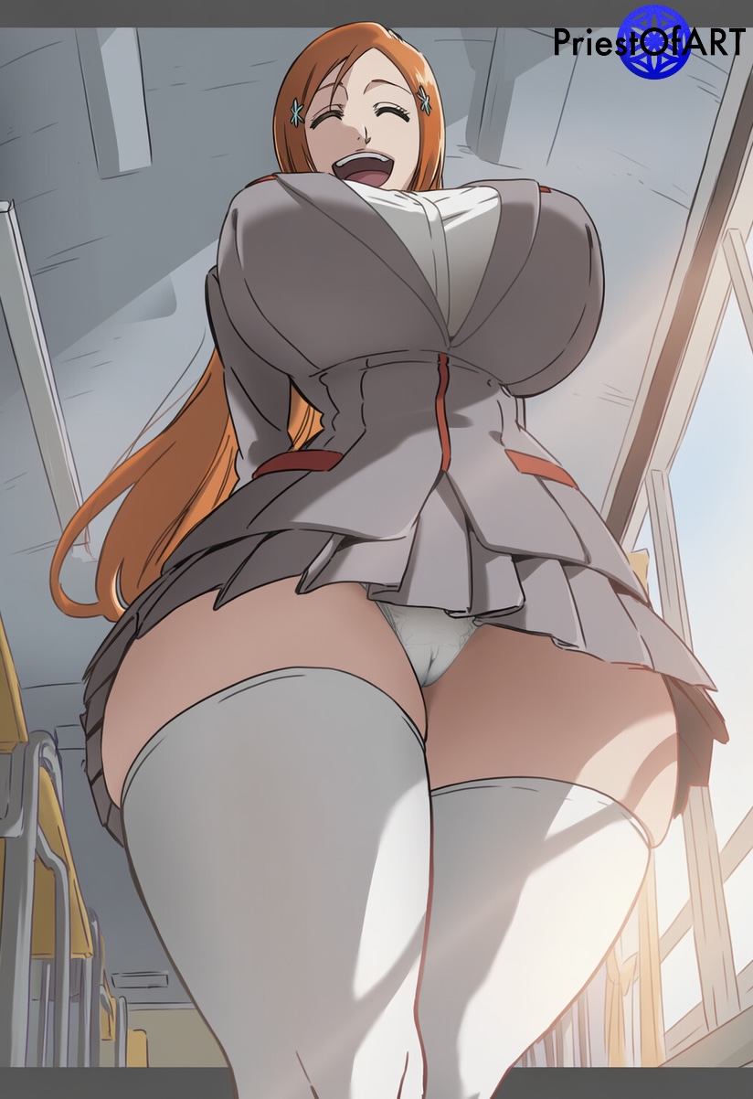 1girls, ai generated, big breasts, bleach, busty, cameltoe, closed eyes, curvy, curvy body, female, female only, from below, huge breasts, indoors, inoue orihime, jacket, orange hair, panties, priestofart, school uniform, schoolgirl, shiny, shirt, skirt, smile, solo, solo female, thick thighs, thighhighs, watermark, white panties, wide hips