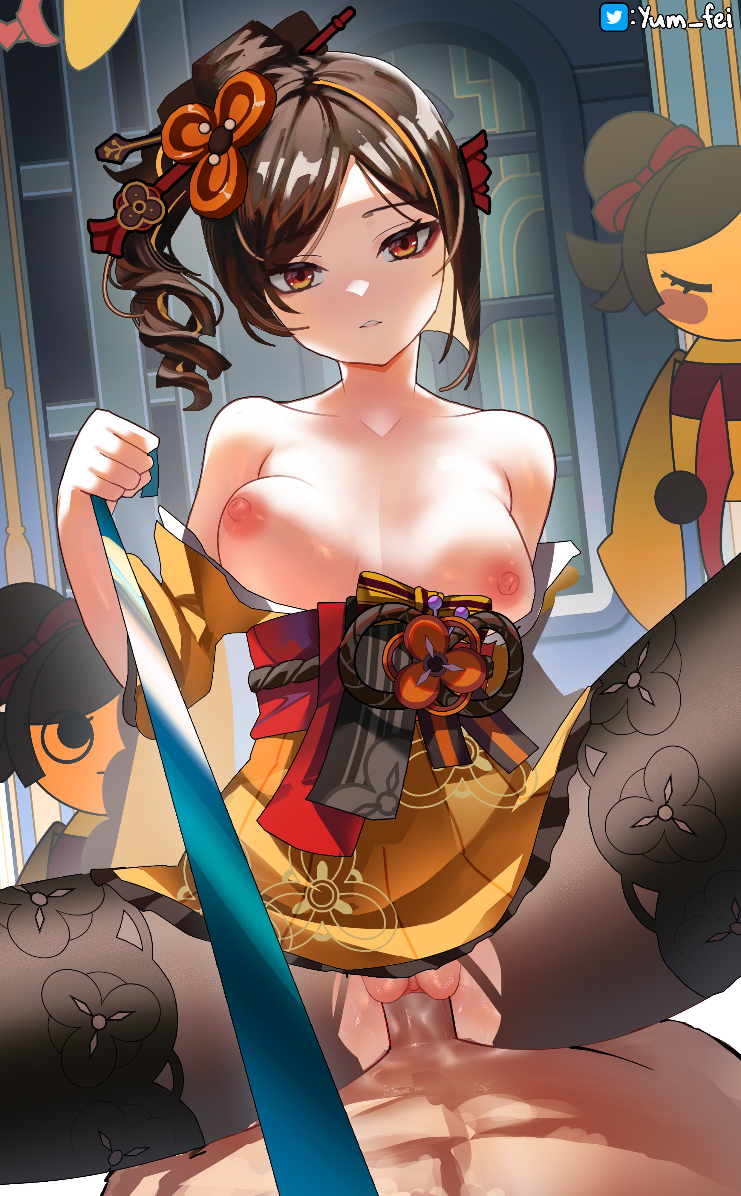 asymmetrical sidelocks, blonde hair, bouncing breasts, breasts, brown hair, chiori (genshin impact), collarbone, cowgirl position, drill hair, drill ponytail, female, genshin impact, hair ornament, hair stick, half-dressed, highres, japanese clothes, looking at viewer, male, medium breasts, navel, nipples, nude, penis, pov, pov crotch, pulling, pussy, red eyes, sidelocks, straddling, twitter username, uncensored, yum fei