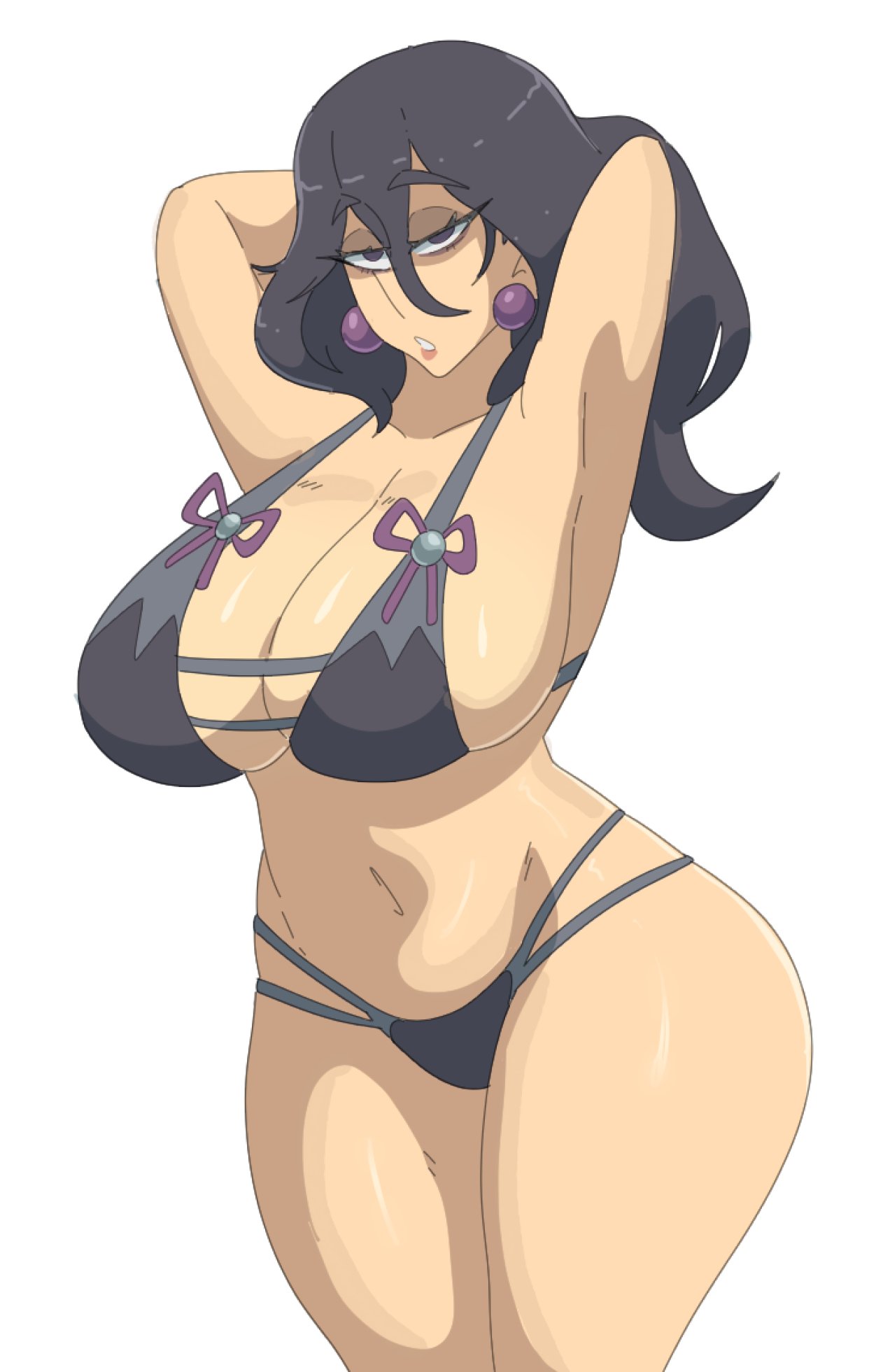 1girls, arms behind head, arms up, bedroom eyes, big ass, bikini, black bikini, black hair, cleavage, cleavage overflow, curvy, curvy female, curvy hips, game freak, half-dressed, hex maniac, hex maniac (pokemon legends: z-a), huge breasts, large breasts, leedraw11, long hair, navel, nintendo, occult maniac, occult maniac (pokemon legends: z-a), occult maniac (pokemon), occult maniac (z-a), pokemon, pokemon legends: z-a, presenting, purple bow, purple earrings, seductive, slightly chubby, slightly chubby female, straining clothing, thick thighs, tight clothing, voluptuous, wide hipped female, wide hips