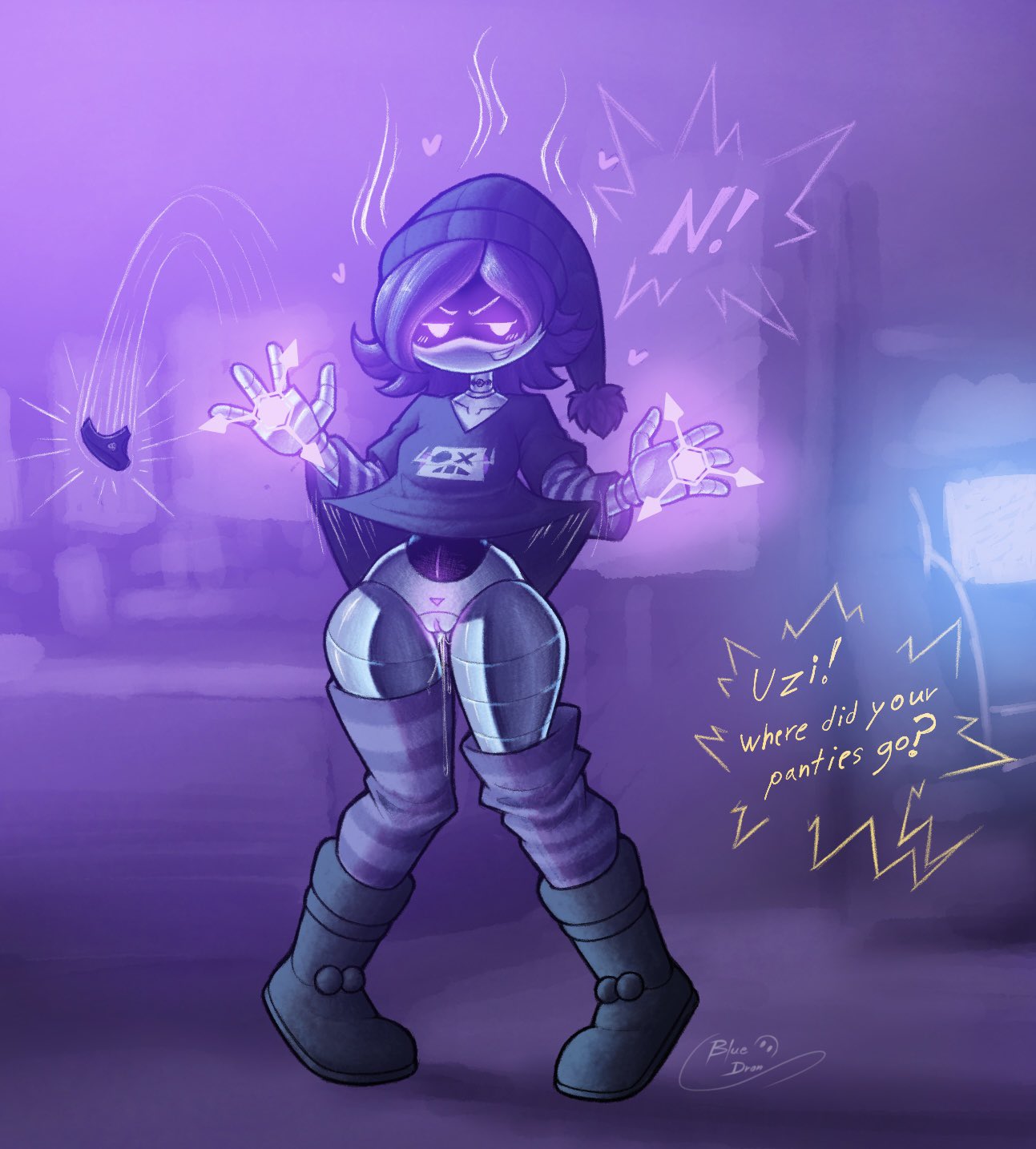 2d (artwork), commission, dronfanblue, female, female focus, female only, glitch productions, murder drones, n (murder drones), no panties, off screen character, partially clothed, pussy focus, robot, robot girl, telekinesis, uzi (murder drones), wide hips