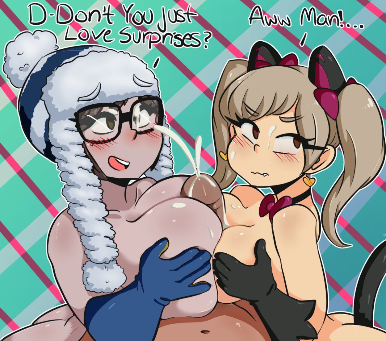 1boy, 2girls, alternate costume, areolae, big breasts, black cat d.va, blizzard entertainment, blush, breast press, breast squeeze, breast to breast, breasts, brown eyes, brown hair, cat ears, cat tail, cum, cum on breasts, cum on face, cum on glasses, cumming, cumming from paizuri, cumshot, d.va, darkprincess04, double paizuri, ecopoint: antarctica mei, ejaculation, ejaculation between breasts, female, female focus, glasses, gloves, hat, highres, large breasts, male, mei (overwatch), nude, nude female, nude male, overwatch, paizuri, penis, straight, teamwork