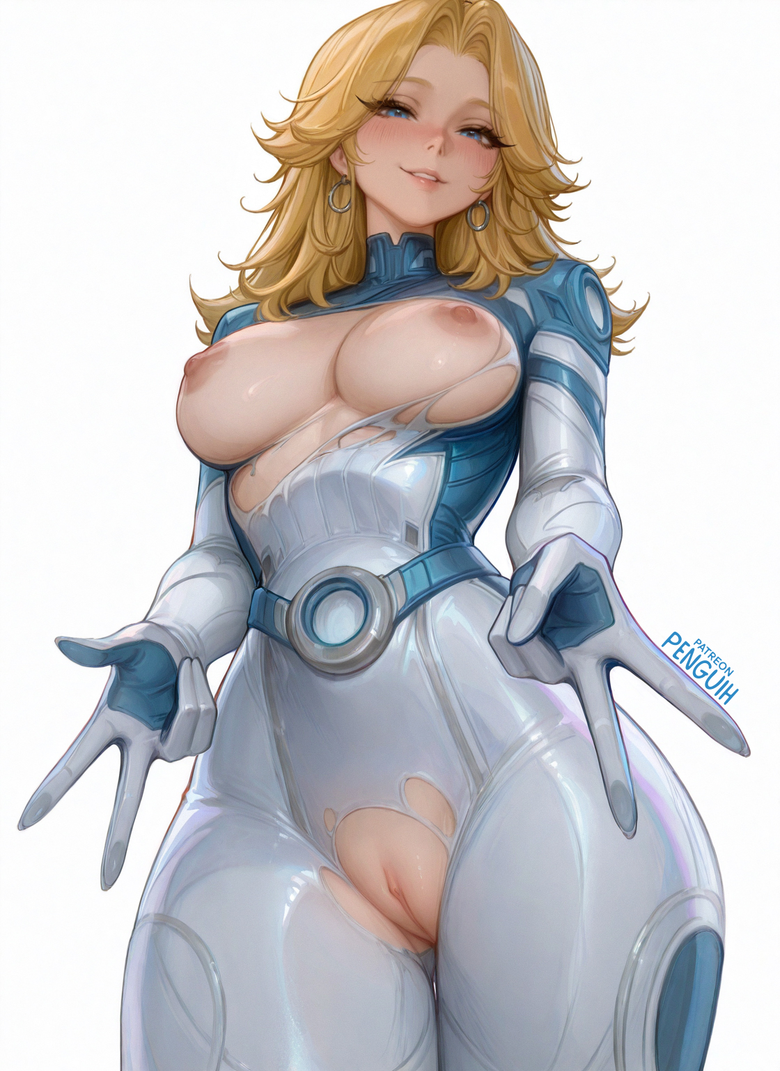 1girls, ai generated, areolae, battle damage, big breasts, blonde female, blonde hair, blue eyes, blush, bodysuit, breasts, breasts out, cleavage, curvy, double v, earrings, fantastic four, female, female only, from above, heroine, hips, hourglass figure, invisible woman, invisible woman (marvel rivals), large breasts, light skin, light-skinned female, long hair, marvel, marvel comics, marvel rivals, nipples, patreon username, peace sign, penguih, pussy, ripped clothing, shy, smirk, solo, stripped, sue storm, torn bodysuit, torn clothes, torn clothing, v, white background