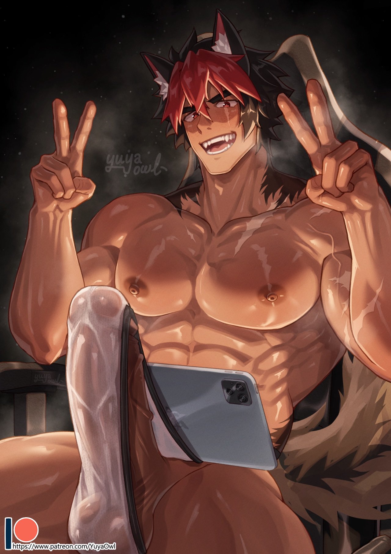1boy, big penis, boner, breath cloud, bulge, double, erection, komano manato, male only, muscular male, patreon, peace sign, solo, solo male, underwear, veiny penis, yuyaowl, zenless zone zero