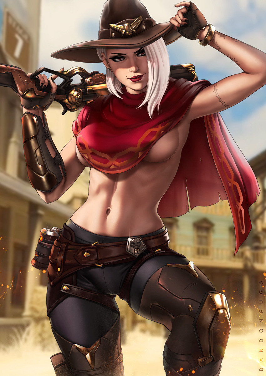 1girls, 2d, artist name, ashe (overwatch), beauty mark, belly, blizzard entertainment, boots, breasts, cape, cloak, closed mouth, clothed, clothes, clothing, cole cassidy (cosplay), covered nipples, cowboy hat, cowboy shot, dandon fuga, earrings, female, female focus, female only, gloves, gun, hat, hollywood (map), large breasts, lipstick, looking at viewer, mole, mole above mouth, nail polish, navel, outdoors, overwatch, overwatch 2, pants, pinup, red eyes, short hair, sideboob, solo, stomach, tattoo, thigh boots, topless, underboob, watermark, weapon, weapon over shoulder, white hair