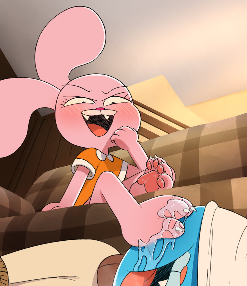 anais watterson, anthro, anthro on anthro, cartoon network, cub, feet, feet on face, felid, feline, foot fetish, gumball watterson, rabbit, sock-eater, tagme, the amazing world of gumball, young