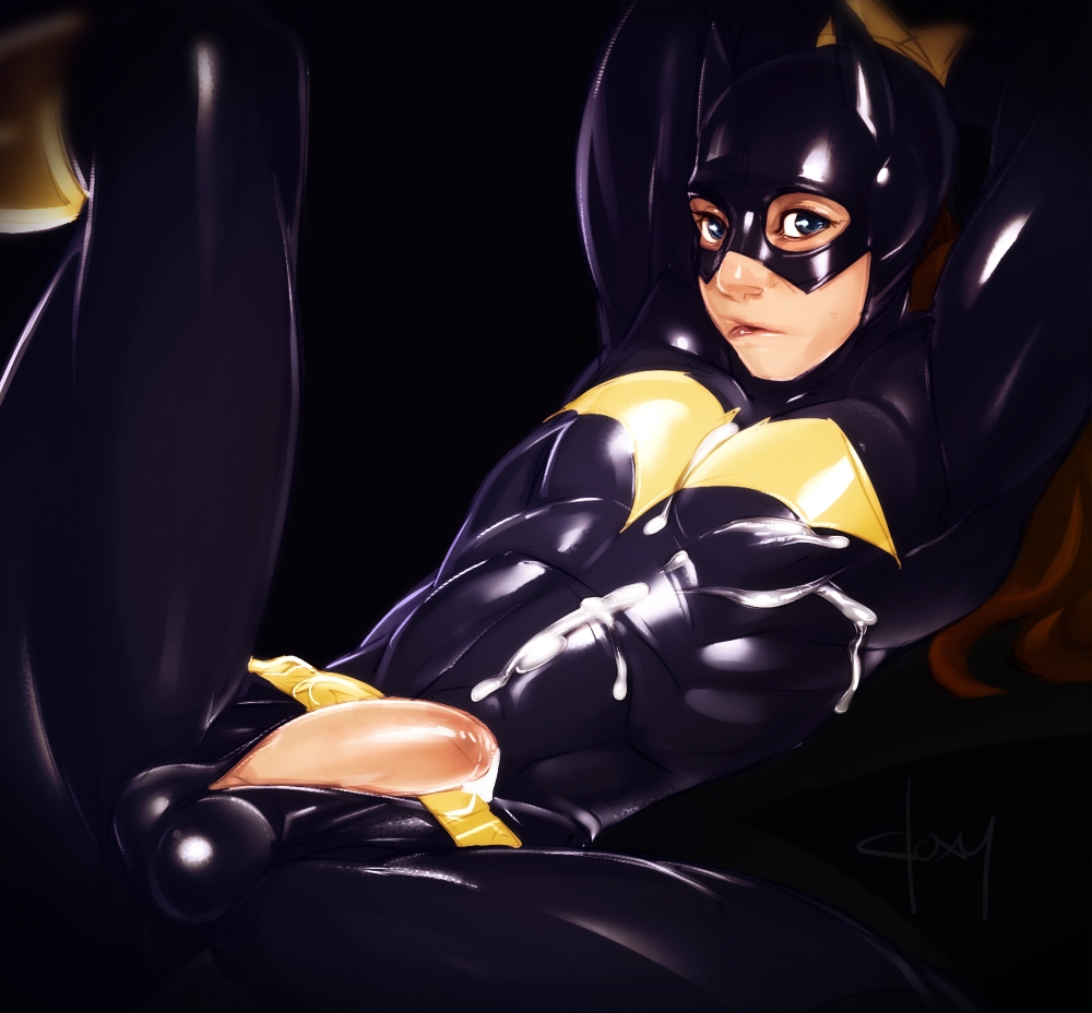 1boy, abs, androgynous, balls, batgirl (cosplay), batman (series), biting lip, cosplay, costume, cum on self, dc, dc comics, doxy, femboy, latex, latex gloves, male, male only, penis, testicles, trap