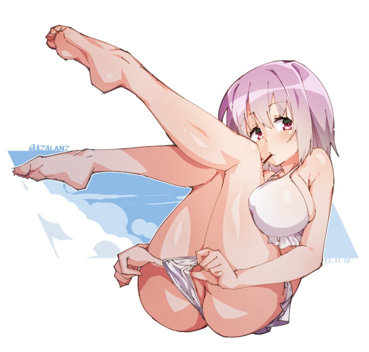 bare_legs barefoot bikini bikini_pull blue_background blush breasts commentary_request dated eyebrows_visible_through_hair female food large_breasts leg_hug looking_at_viewer mouth_hold pocky purple_hair red_eyes shinjou_akane solo ssss.gridman swimsuit tareme tilt-shift tilt-shift_(azalanz) twitter_username white_bikini