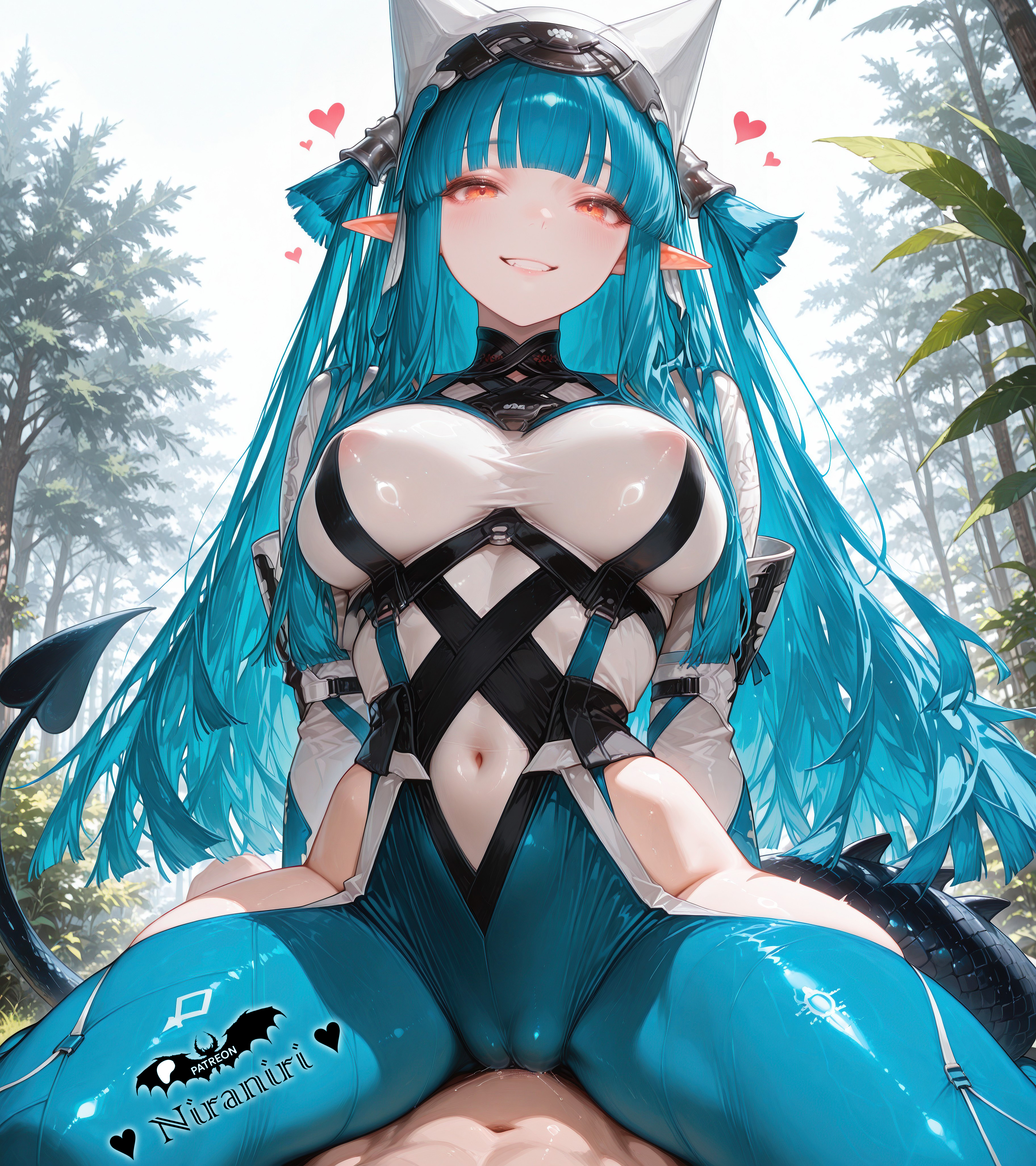 1boy, absurd res, absurdres, ai generated, arknights, arknights: endfield, arms behind back, bangs, blue bodysuit, blue hair, blunt bangs, blush, bodysuit, breasts, cameltoe, clothing cutout, covered navel, covered nipples, cowgirl position, demon tail, female, forest, grin, highres, hip vent, large breasts, last rite (arknights: endfield), last rite (arknights), long hair, long sleeves, looking at viewer, nature, navel, nipples, niraniri, orange eyes, outdoors, pointy ears, see-through, sitting, sitting on person, smile, solo focus, spread legs, straddling, straight, tail, teeth, thigh cutout, thighs, tree, very long hair, white headwear