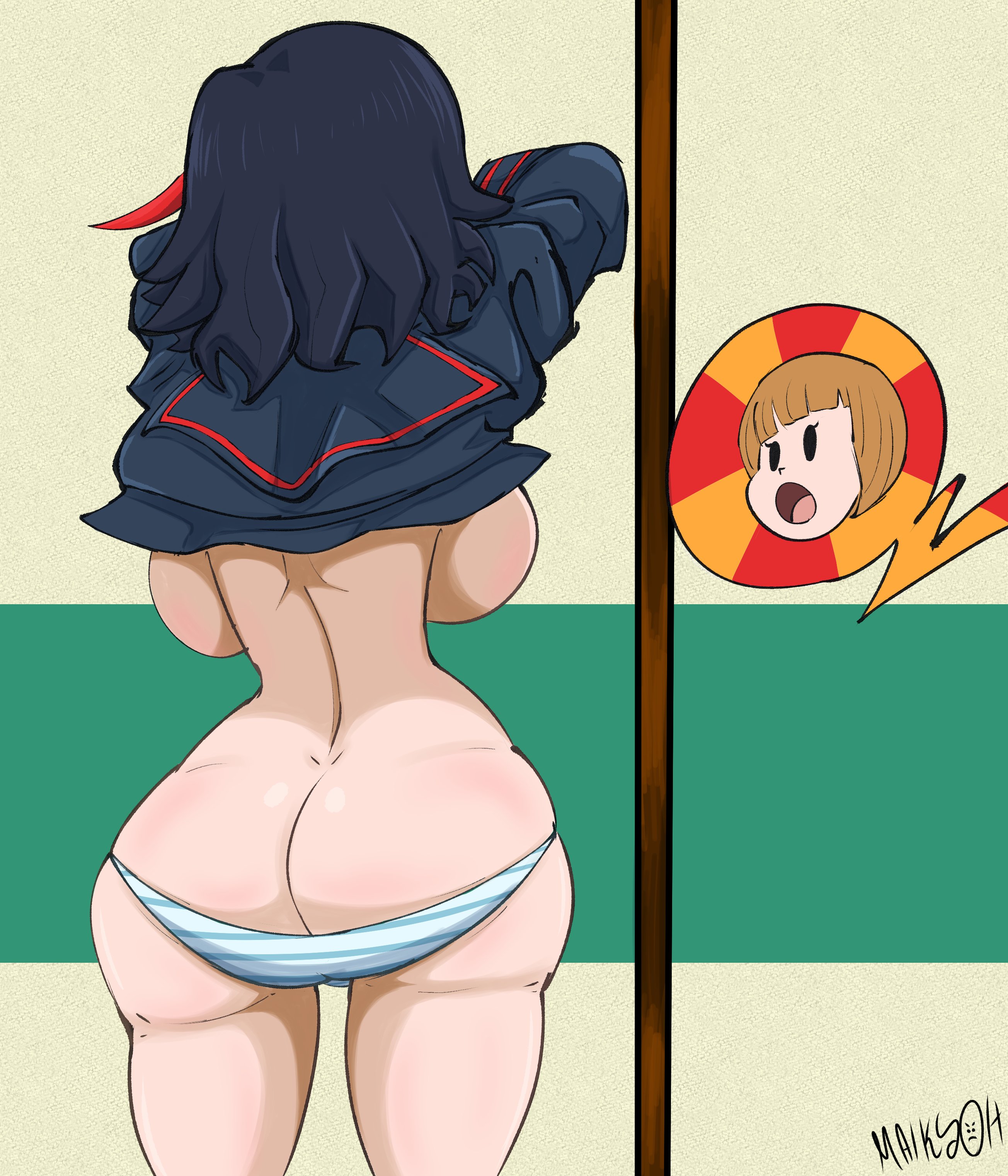 2girls, ass, ass cleavage, ass crack, ass focus, back, back view, backboob, bare back, big ass, big breasts, big butt, black clothing, black hair, black school uniform, black-haired female, breasts, brown hair, bubble ass, bubble butt, busty, butt crack, curvaceous, curvy, curvy female, curvy figure, fat ass, female, female focus, female only, huge breasts, kill la kill, large ass, large breasts, maikyoh, mankanshoku mako, matoi ryuuko, medium hair, multicolored hair, panties, rear view, red hair, ryukoredraw, school uniform, striped panties, striped underwear, studio trigger, tacotrazh, tagme, thick ass, thick thighs, thighs, two-tone hair, underwear, undressing, uniform, voluptuous, voluptuous female