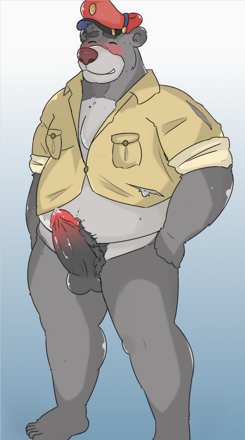 anthro balls baloo bear big_penis blush clothing cosmic51moon disney erection fur hat hi_res humanoid male male_only mammal muscular muscular_male overweight penis precum shirt slightly_chubby smile solo talespin thick_penis