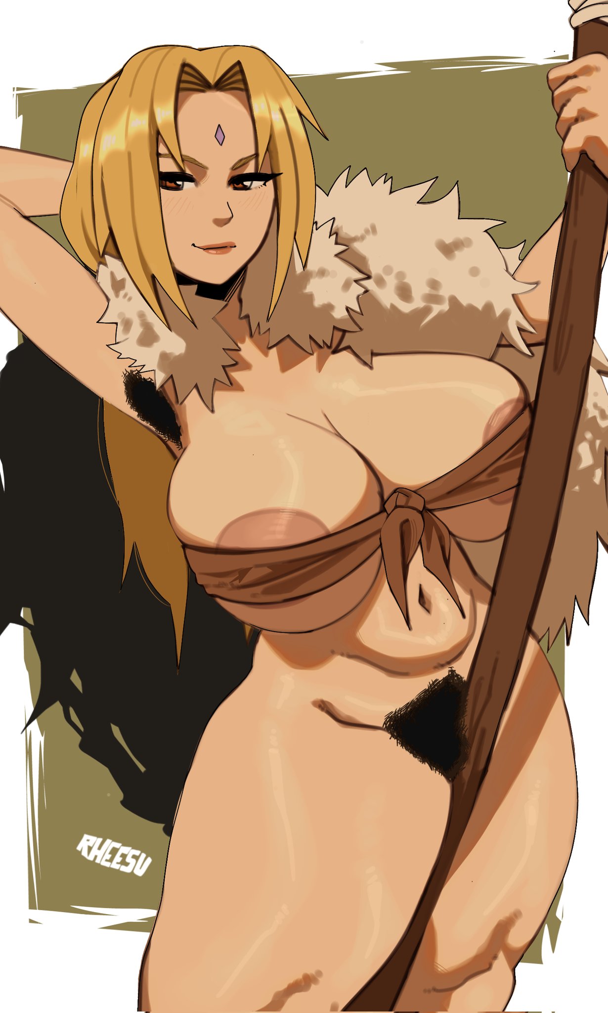 1girls, areola slip, areolae, armpit hair, armpits, blonde hair, bottomless, bush, bushy pubes, crotch rub, female, female only, fur, fur cape, fur trim, hairy, hairy armpits, hairy female, hairy pussy, hidden nipples, huge breasts, large breasts, long hair, mismatched armpit hair, mismatched pubic hair, naruto, naruto (series), naruto shippuden, pole, pubic hair, rainforest pussy, rheesu, solo, stick, tsunade, tubetop