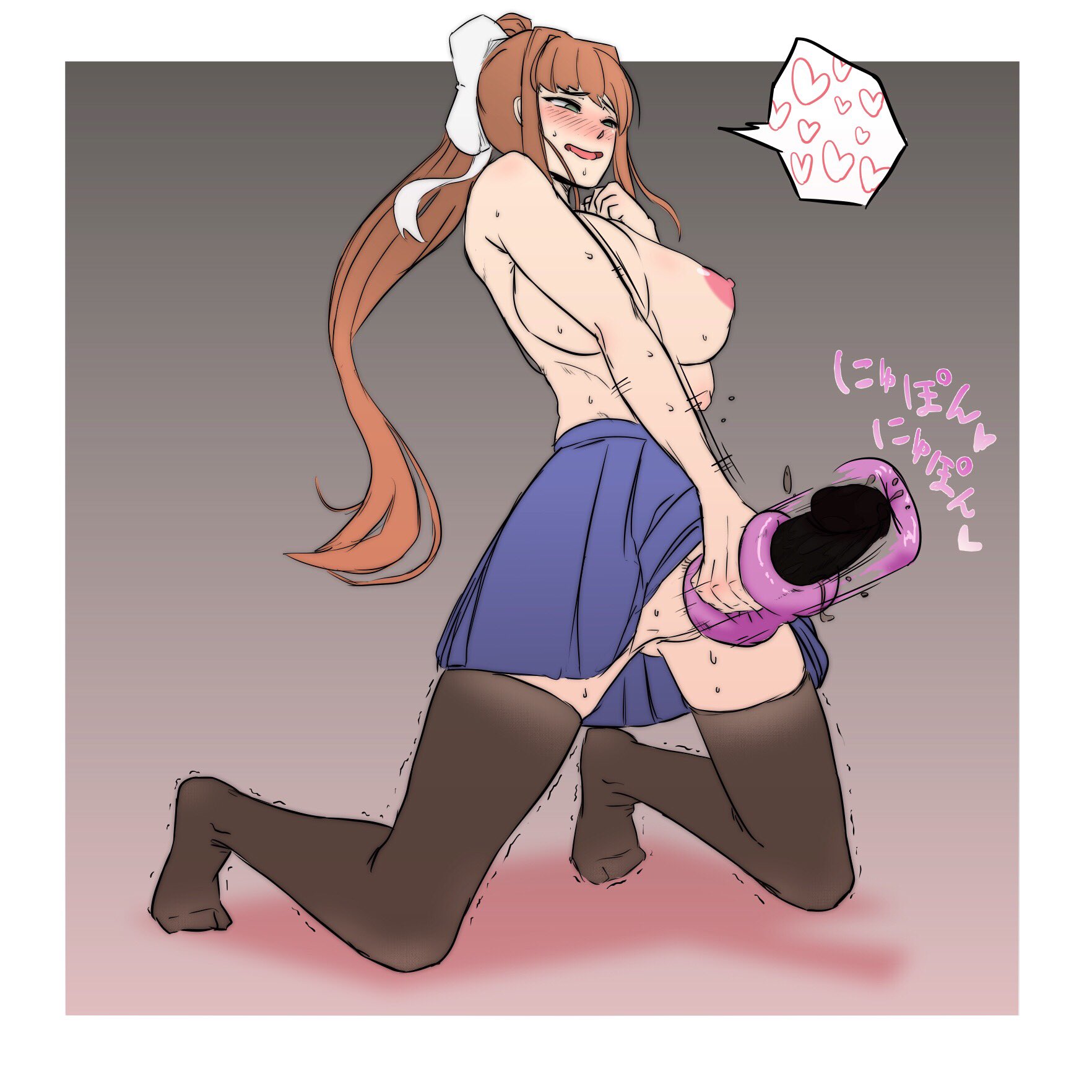 1futa, areolae, artificial vagina, breasts, dickgirl, doki doki literature club, erection, futa only, futanari, intersex, kaxiota, masturbation, monika (doki doki literature club), nipples, penis, skirt, thighhighs