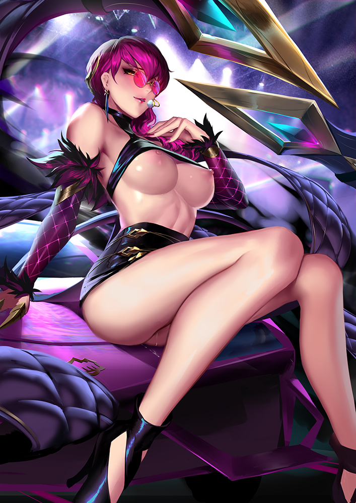 alternate costume, areolae, breasts, cianyo, evelynn, female, female only, high heels, k/da evelynn, k/da series, league of legends, lipstick, looking at viewer, looking over eyewear, looking over glasses, nipples, pink-tinted eyewear, pussy, solo, sunglasses, tinted eyewear