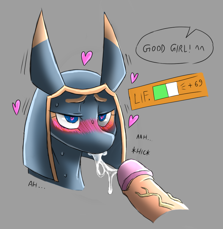 abyss_(monster_rancher) anubian_jackal black_fur blue_eyes blush canine cheese_cake cum drooling english_text fellatio fur heart human humanoid_penis jackal mammal oral penis saliva sex simple_background text