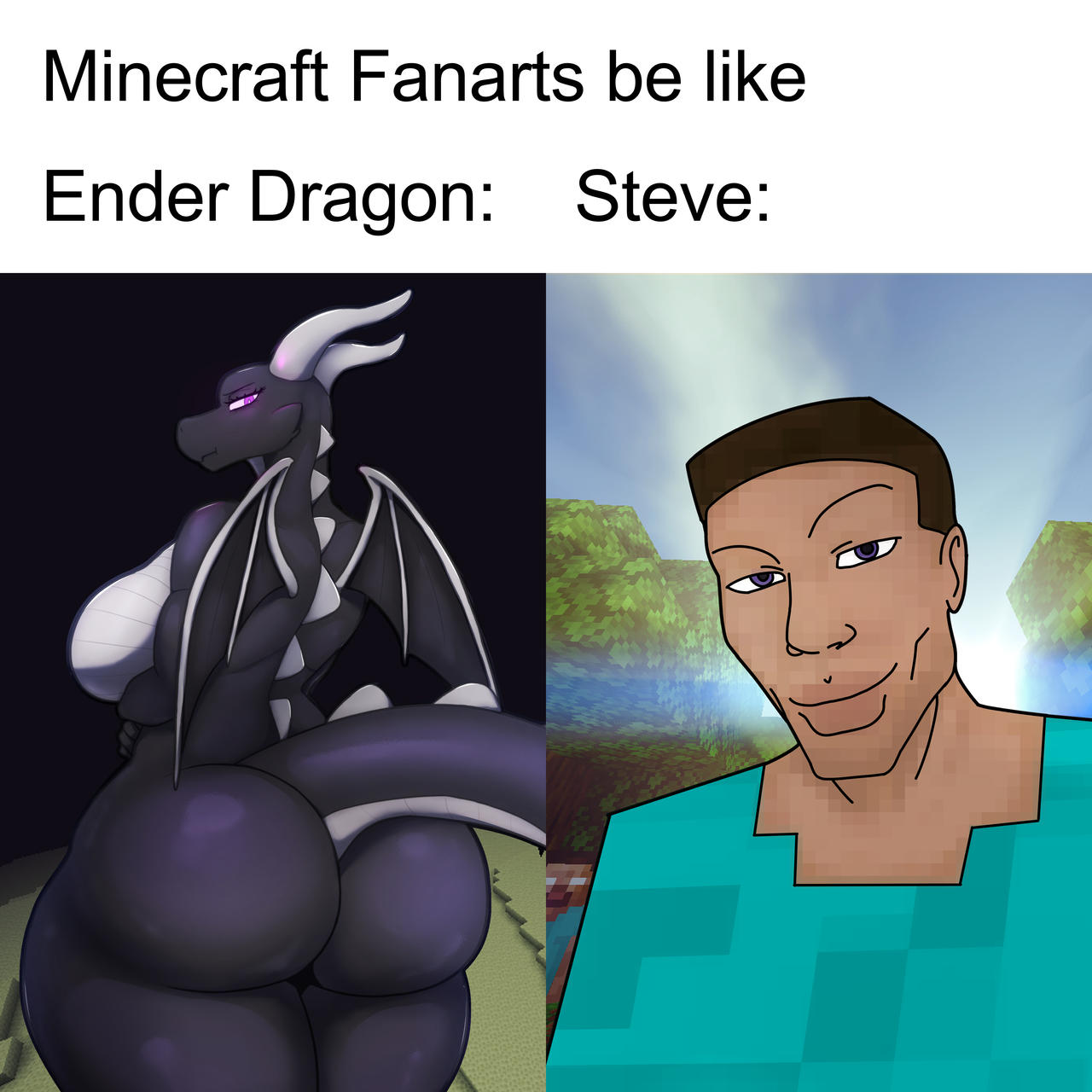 1boy, 1girls, caption, dragon, dragon girl, ender dragon, female, jean (minecraft), meme, minecraft, steve (minecraft), tagme, text, tombozuka