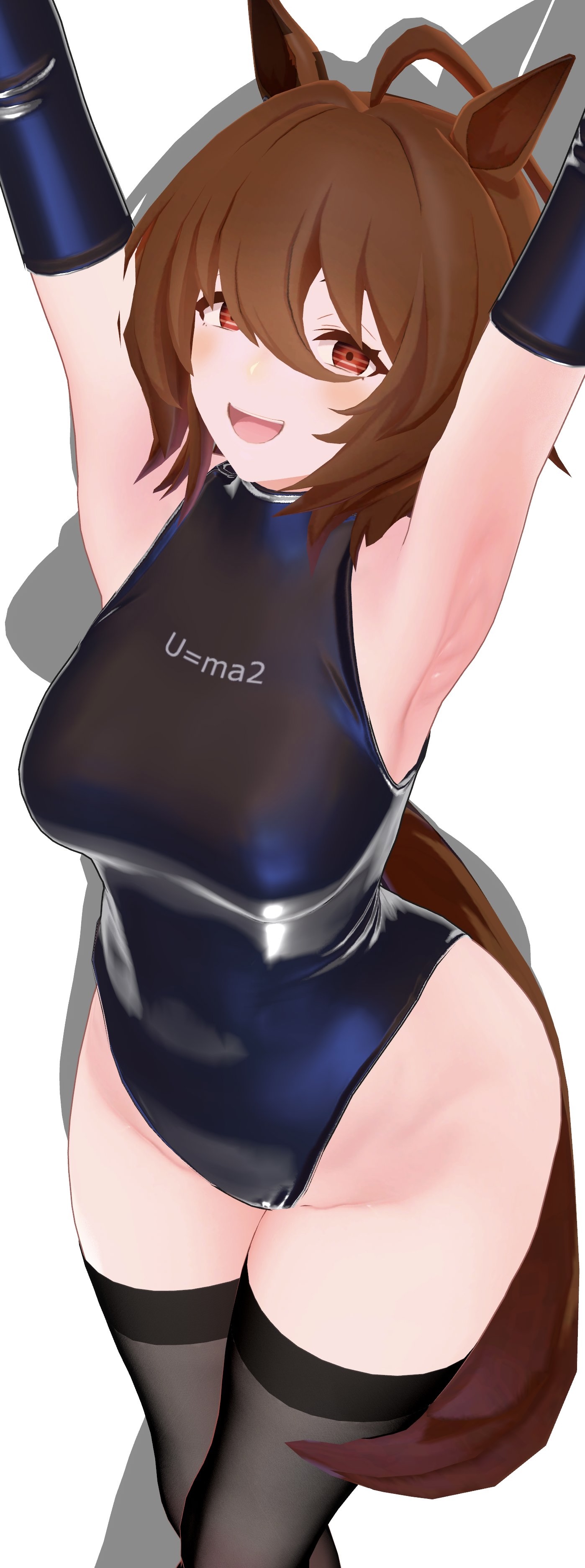 1girls, 3d, agnes tachyon (umamusume), armpits, arms up, big breasts, black thighhighs, bodysuit, brown hair, curvy, elbow gloves, female, female only, happy, horse ears, horse girl, horse tail, huge breasts, large breasts, latex, latex bodysuit, latex gloves, leotard, looking at viewer, one-piece swimsuit, open mouth, red eyes, shiny clothes, smile, solo, thick thighs, thighhighs, tight clothing, umamusume, umamusume pretty derby, wide hips, yuz ne