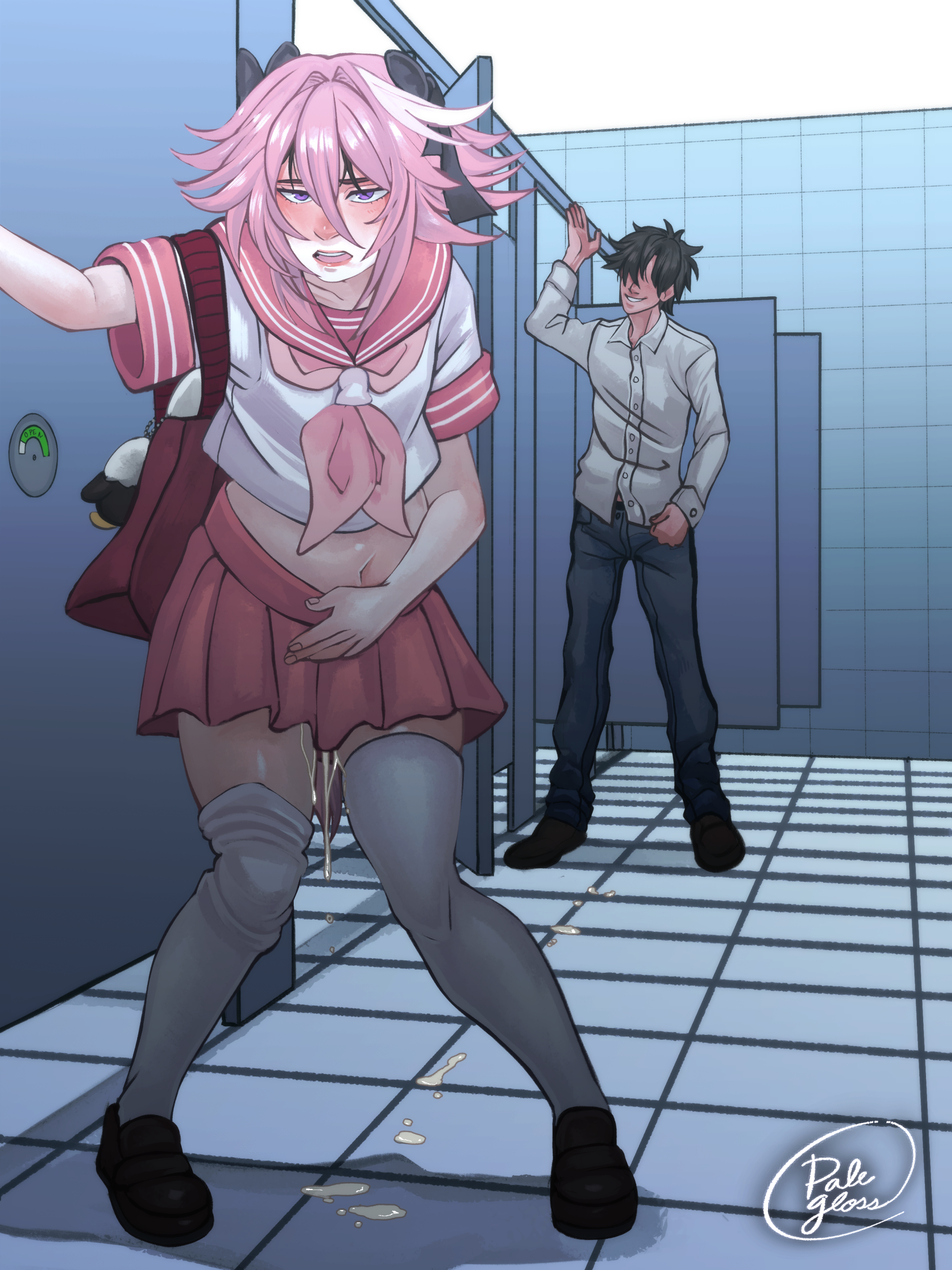 2026, 2boys, 2d, 2d (artwork), after sex, artist logo, artist signature, astolfo (fate), astolfo (fate) (cosplay), astolfo (sailor paladin) (fate), bathroom, bathroom stall, belly, belly button, black hair, bloated, bloated belly, bloated stomach, braid, braided hair, clothed, clothed male, commission, commission art, commissioner upload, cosplay, cum, cum belly, cum drip, cum inflation, dripping, dripping cum, fate (series), fate/grand order, femboy, floor tiles, hair ribbon, holding stomach, inflation, jeans, leaking cum, leaking cum from asshole, leaning, leaning against wall, leaning forward, long hair, male, male only, navel, palegloss, pink eyes, pink hair, purse, sailor uniform, shirt, short hair, skirt, source request, thigh highs, thighhighs, waving, white hair, wig, yaoi