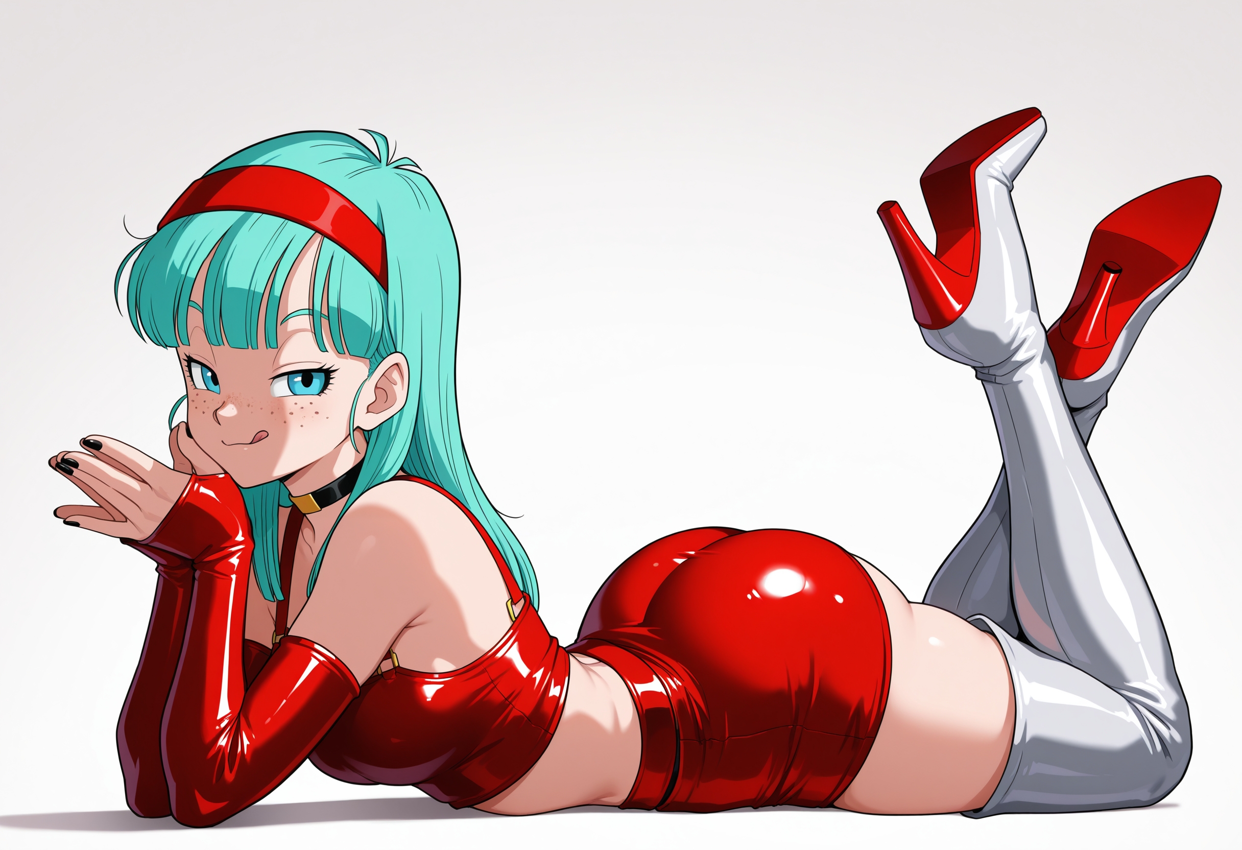 ai generated, aqua hair, ass, big, big ass, black nails, blue eyes, boots, bra (dragon ball), bra briefs, choker, dragon ball, dragon ball gt, dragon ball super, dragon ball z, freckles, fuck me boots, hairband, heel boots, heels, heels fetish, latex clothing, licking lips, lying, nails, red clothing, seductive look, seductive smile, skirt, skirt lift, smile, tongue, tongue out
