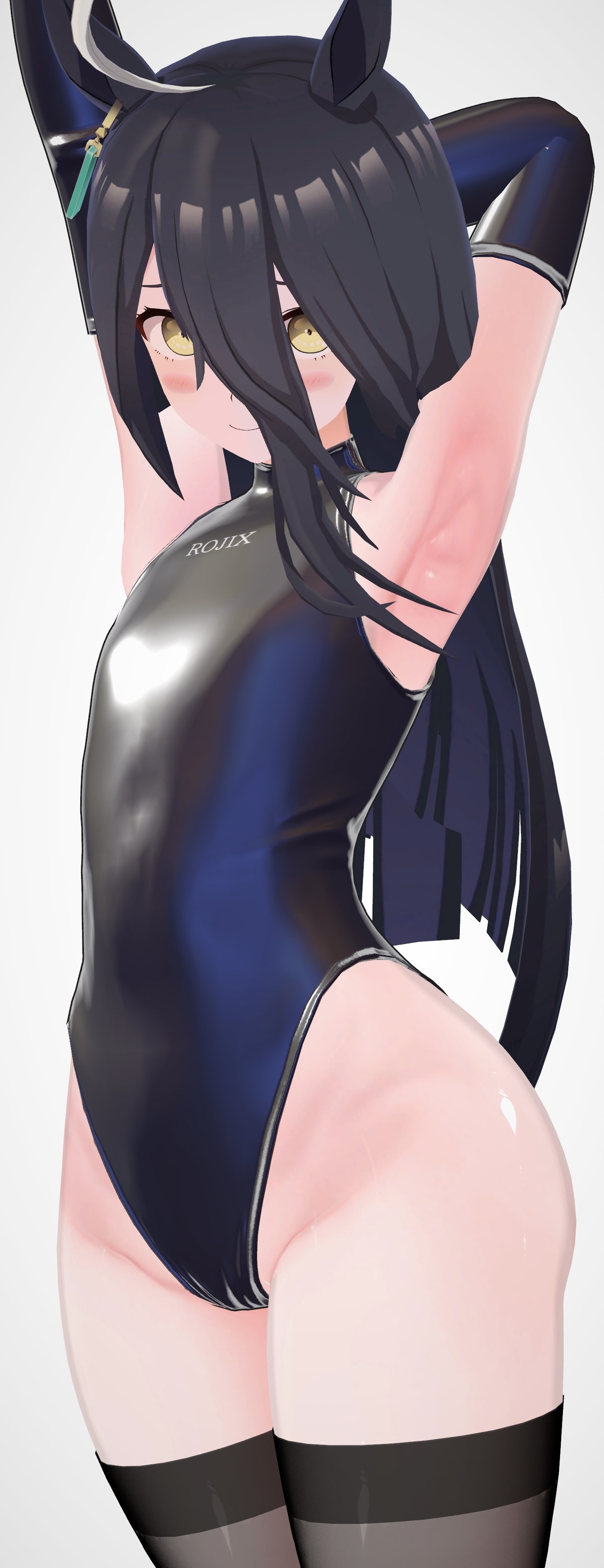 1girls, 3d, 3d (artwork), alt girl, armpits, arms behind head, arms up, black hair, black thighhighs, blush, bodysuit, competition swimsuit, cute, goth, goth girl, gothic, gothic girl, horse girl, latex, latex bodysuit, latex gloves, leotard, long hair, manhattan cafe (umamusume), occult female, one-piece swimsuit, shiny clothes, skin tight, small breasts, smile, solo, thick thighs, umamusume, umamusume pretty derby, yellow eyes, yuz ne
