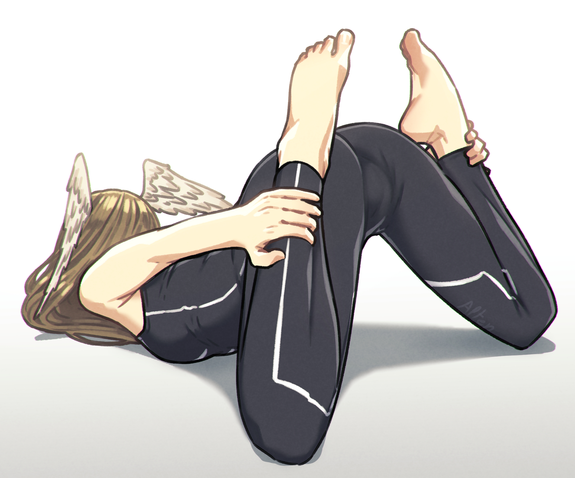 alten, ass focus, bodysuit, brown hair, eunie (xenoblade), face down ass up, feet up, head wings, stretching, tagme, trend, xenoblade (series), xenoblade chronicles 3, yoga pose meme 2026