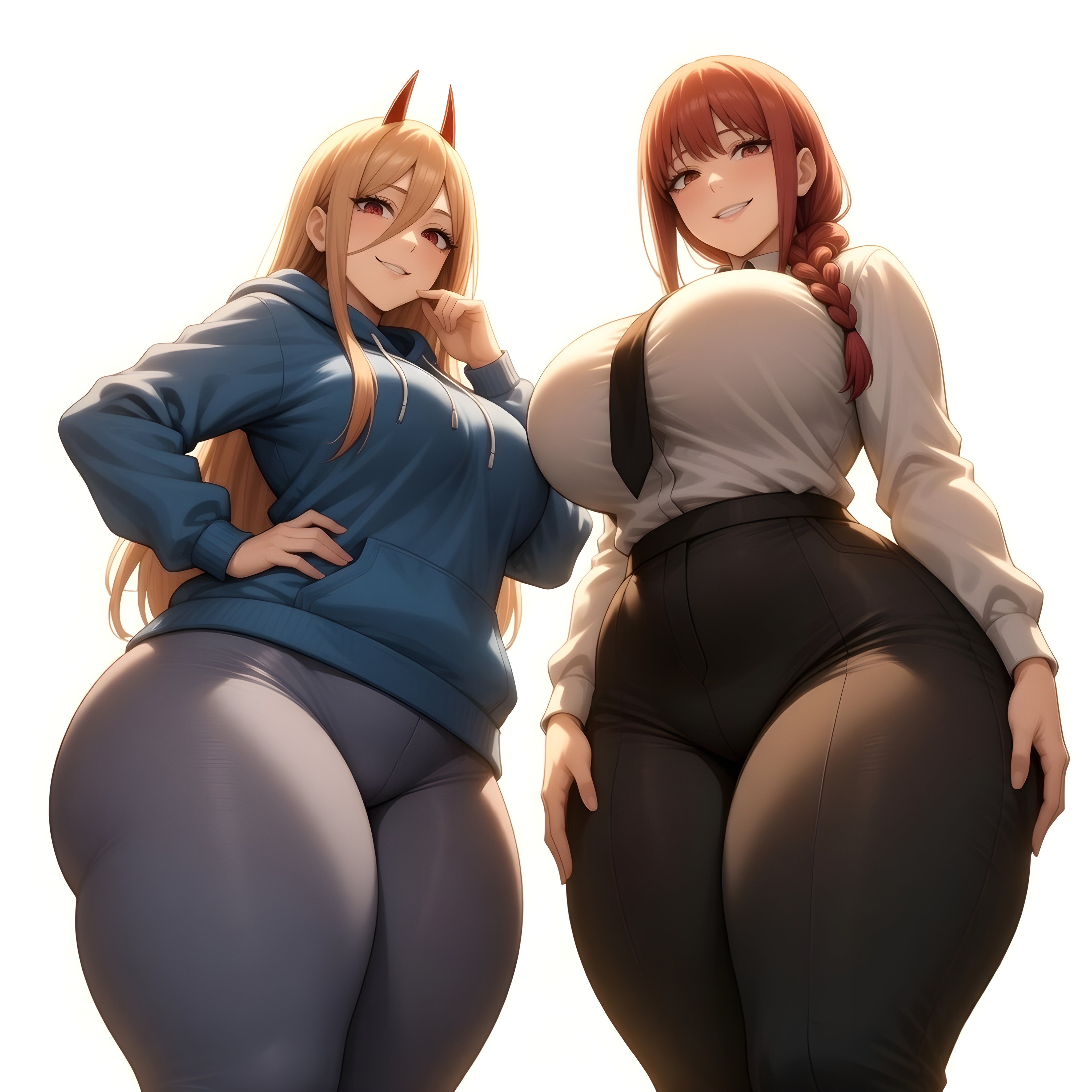 2female, 2girl, 2girls, 2milfs, ai generated, ass, big ass, big breasts, big butt, brasil louco, breasts, bubble ass, bubble butt, chainsaw man, chubby female, clothed, clothed female, curvaceous, curvy, curvy body, curvy figure, cute, dominant, dominant female, fat ass, fat butt, fat female, female only, fully clothed, large ass, large breasts, looking at viewer, makima (chainsaw man), mature, mature female, mature woman, milf, milf body, multiple females, multiple girls, power (chainsaw man), seducing, seducing viewer, seductive, seductive look, seductive smile, sexy, sexy body, sexy pose, simple background, tagme, thick ass, thick body, thick butt, thick thighs, voluptuous, voluptuous body, voluptuous female, white background