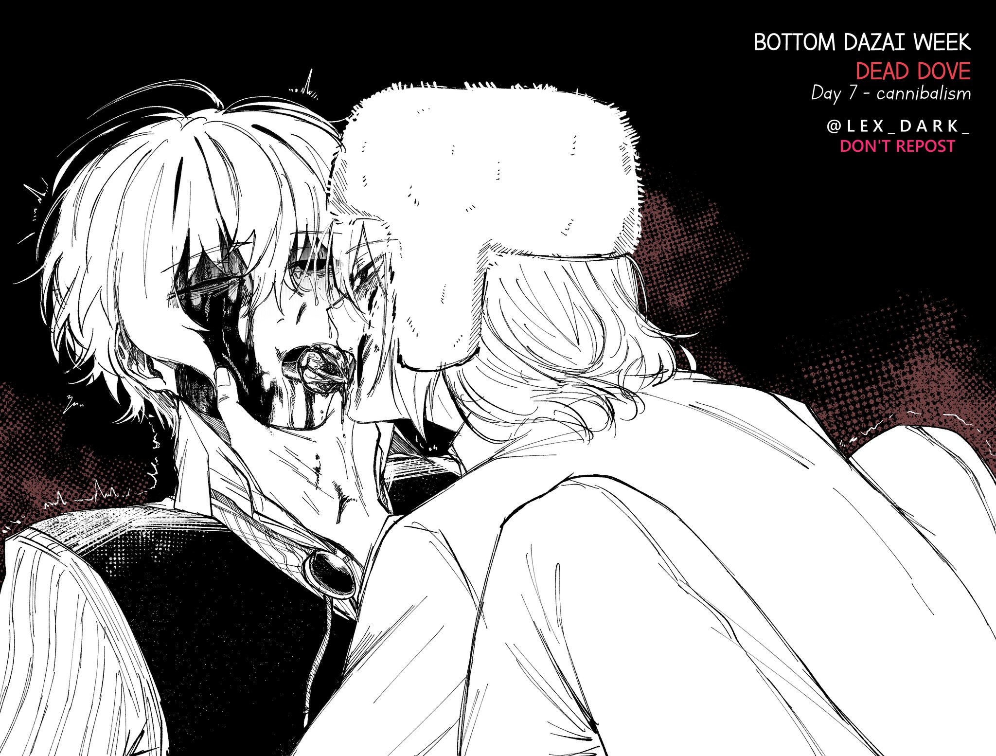 blood on face, bruised, bungo stray dogs, cannibal, cannibalism, dazai osamu, domination, erotic, forced, fyodor dostoevsky, gay, gore, holding face, indirect kiss, kissing, lex dark, questionable consent