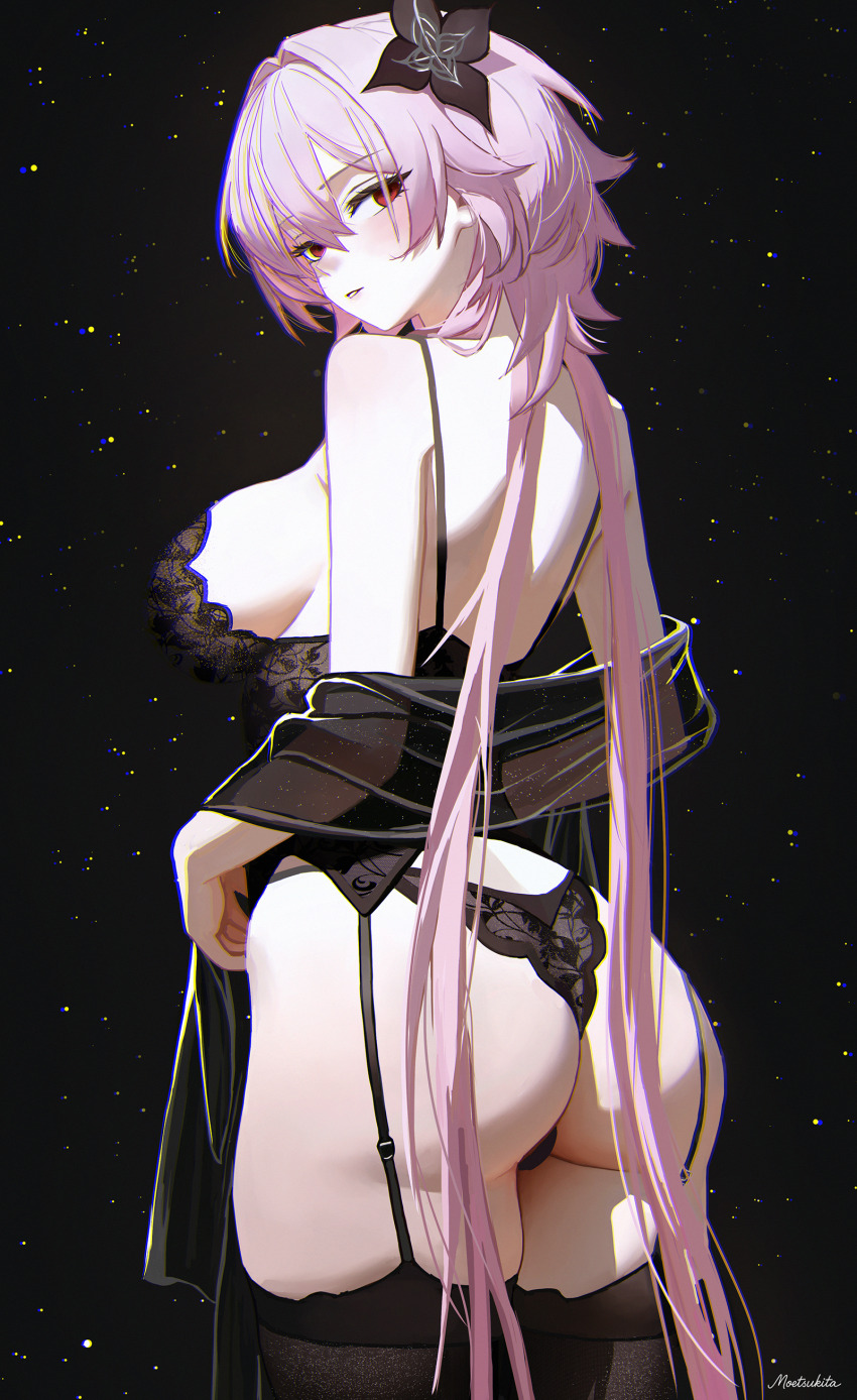1girl, absurdres, artist name, ass, ass cleavage, big ass, big breasts, black bra, black corset, black garter straps, black lingerie, black panties, black thighhighs, bra, breasts, cleavage, commentary, corset, english commentary, evernight (honkai: star rail), female, female focus, female only, flower, flower in hair, from behind, from side, garter straps, hair flower, hair ornament, highres, honkai (series), honkai: star rail, huge ass, huge breasts, large breasts, lingerie, long hair, looking at viewer, looking back, march 7th (honkai: star rail), moetsukita, mommy, paid reward available, panties, pink hair, red eyes, sideboob, simple background, solo, thick ass, thick thighs, thighhighs, thighs, underwear, very long hair, viewed from behind