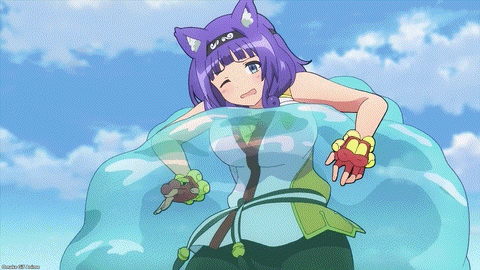 ahe gao, animated gif, futoku no guild, gif, hitamu kyan, official animation, official art, pleasure face, purple hair, slime monster, stripped, sucking breasts, sucking nipples, suprised, suspended in midair