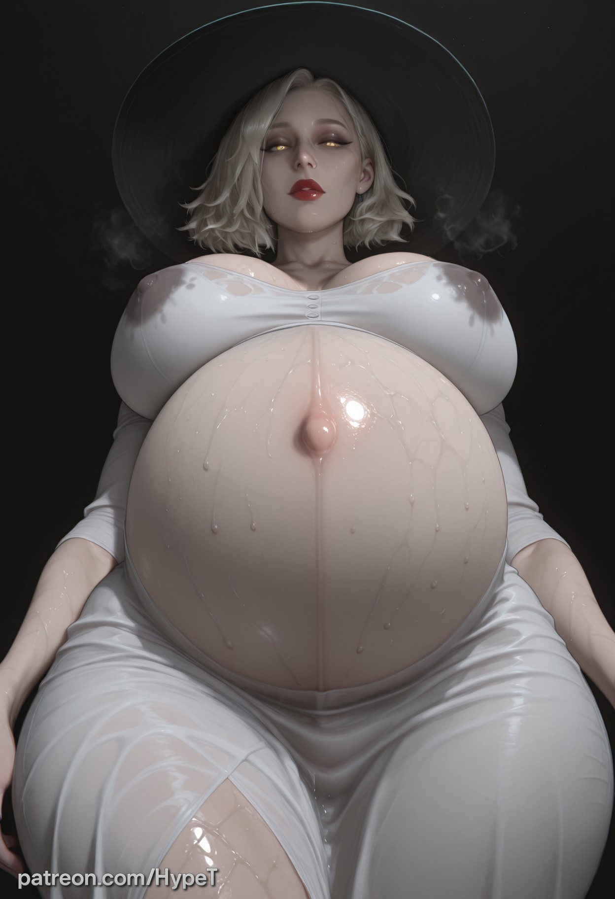 ai generated, alcina dimitrescu (cosplay), alternate version at source, big ass, big butt, blonde hair, breasts, dark background, female, grace ashcroft, grace ashcroft (dimitrescu costume), hypet, pregnant, resident evil, resident evil 9: requiem, shiny skin, short hair, simple background, standing, steam, steaming body, sweat, tagme, thick, thick legs, thick thighs, thighs, tight clothing, wide hips
