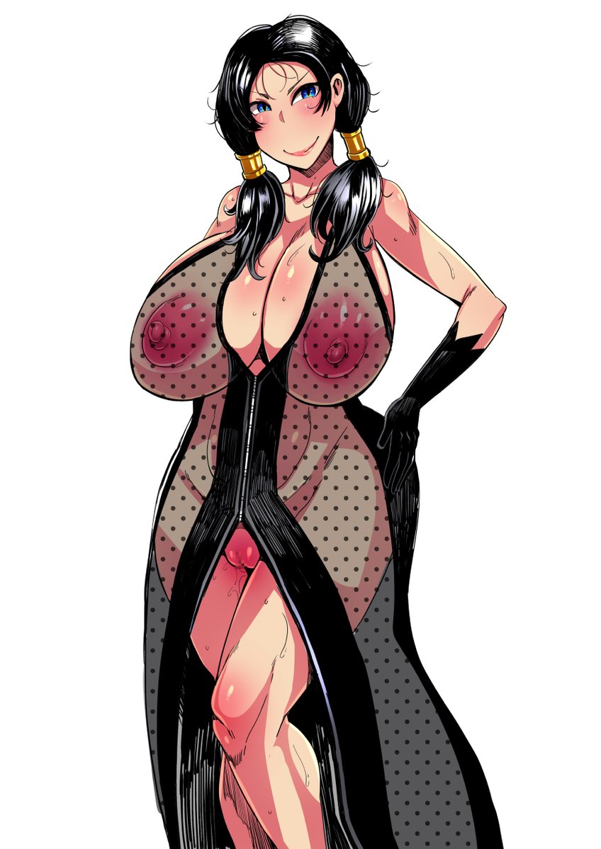 blue eyes, breasts, cleavage, curvy, dragon ball, dragon ball z, erect nipples, female, huge areolae, huge breasts, naughty face, nipples, niwatora, puffy nipples, sagging breasts, seductive, seductive smile, smile, thick lips, thick thighs, twintails, videl, voluptuous, wide hips