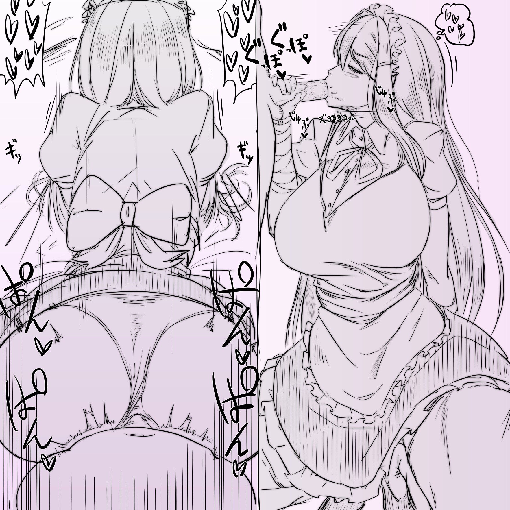 big breasts, breasts, cleavage, doki doki literature club, fellatio, female, gigantic breasts, hair, hair ornament, kaxiota, large breasts, maid, maid uniform, male, oral, panties, penis, pussy, ribbon, tagme, vaginal penetration, yuri (doki doki literature club)