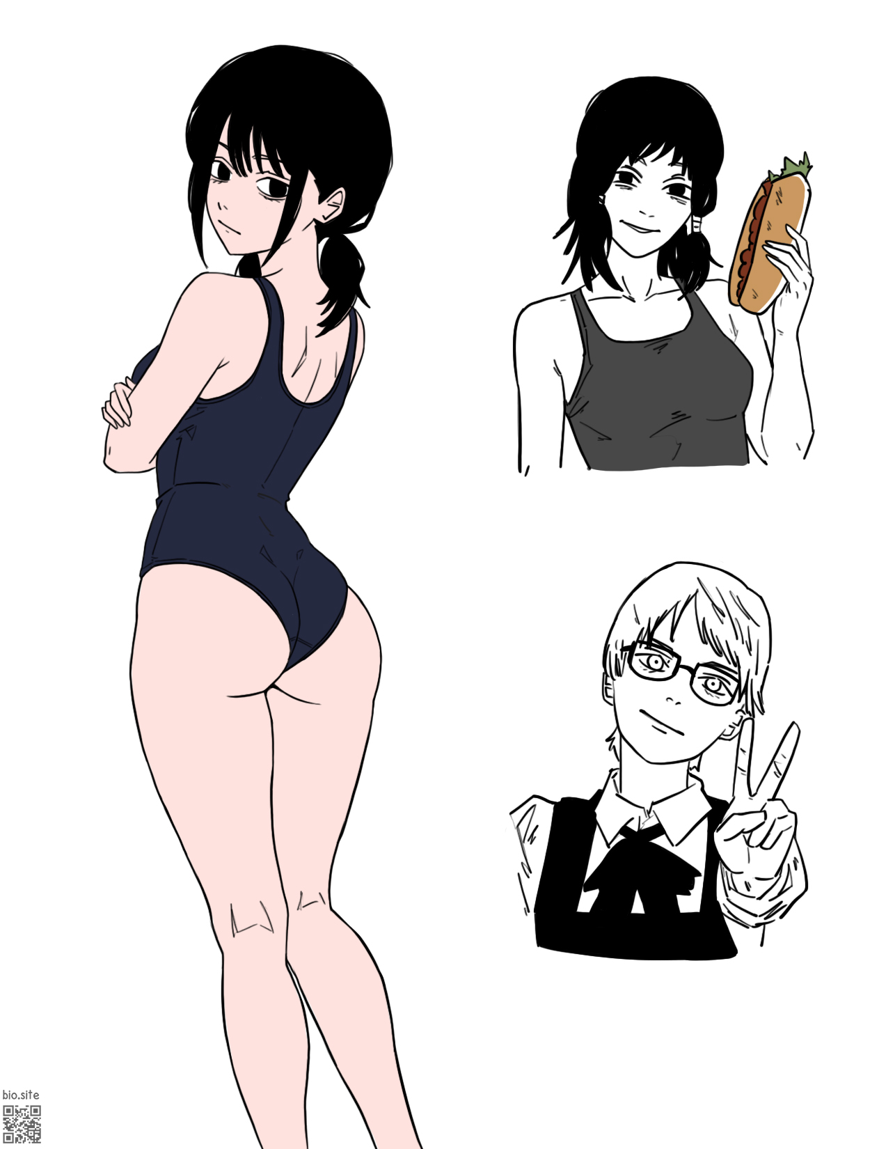 3girls, ass, ass cleavage, ass crack, ass focus, back, back dimples, big ass, bikini, black bikini, black hair, black one-piece swimsuit, black swimsuit, black swimwear, butt, chainsaw man, crossed arms, dimples of venus, female, female focus, female only, glasses, gluteal fold, head tilt, high school student, hourglass figure, kneepits, looking at viewer, looking back, looking back at viewer, median furrow, mifune fumiko, mitaka asa, nbart19047, one-piece swimsuit, peace sign, posing, posing for the viewer, school girl, school girls, school swimsuit, schoolgirl, short hair, shoulder blades, slim waist, standing, sukumizu, swimsuit, swimwear, tagme, teen girl, teenage female, teenage girl, teenage girls, teenager, thick ass, thick butt, thighs, tight clothing, tilted head, twintails, twintails (hairstyle), v sign, white background, wide hips, young female, young woman, yuko (chainsaw man)