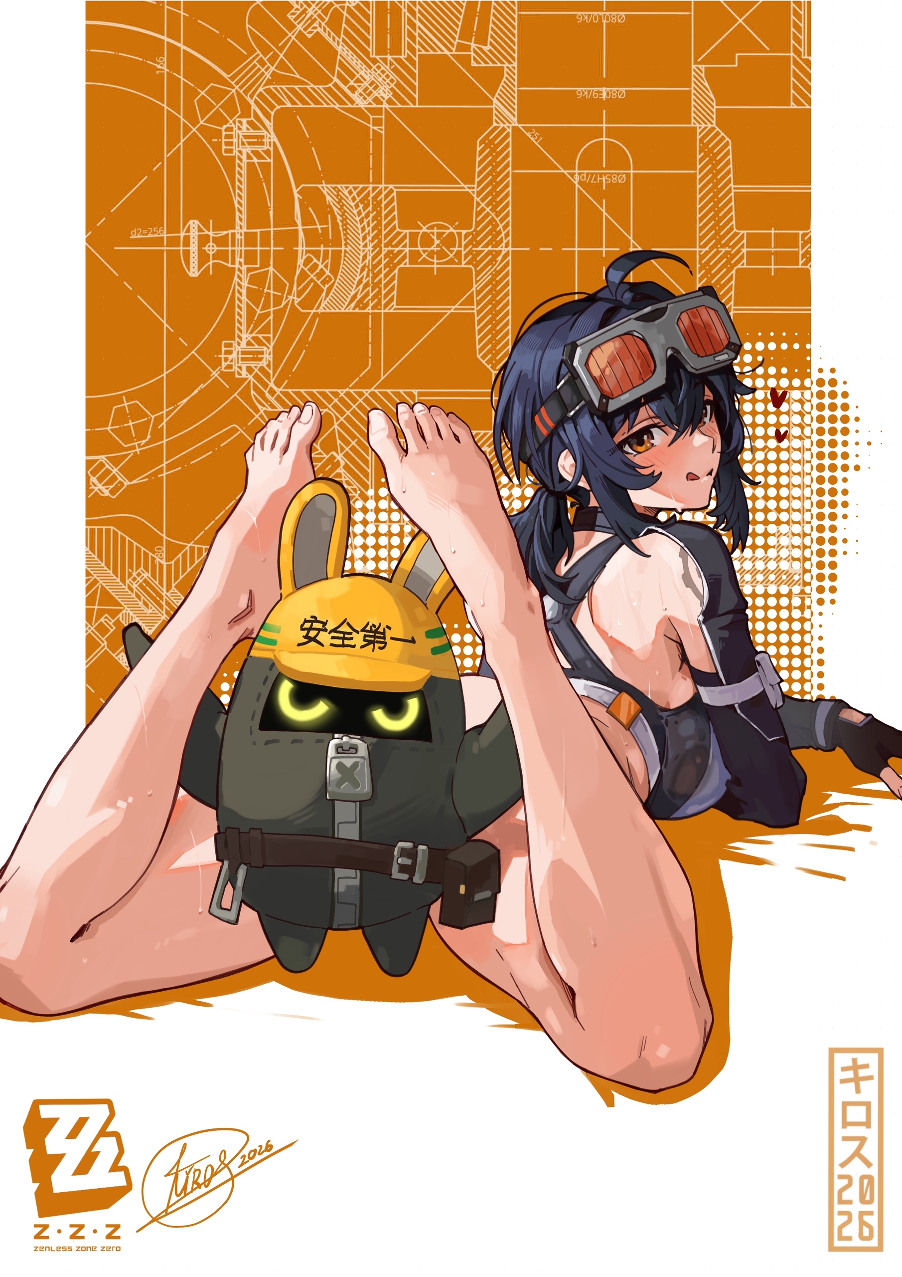 barefoot, clothed, dark hair, grace howard, kirostemple, large breasts, lying, orange eyes, sfw, smug, tagme, zenless zone zero