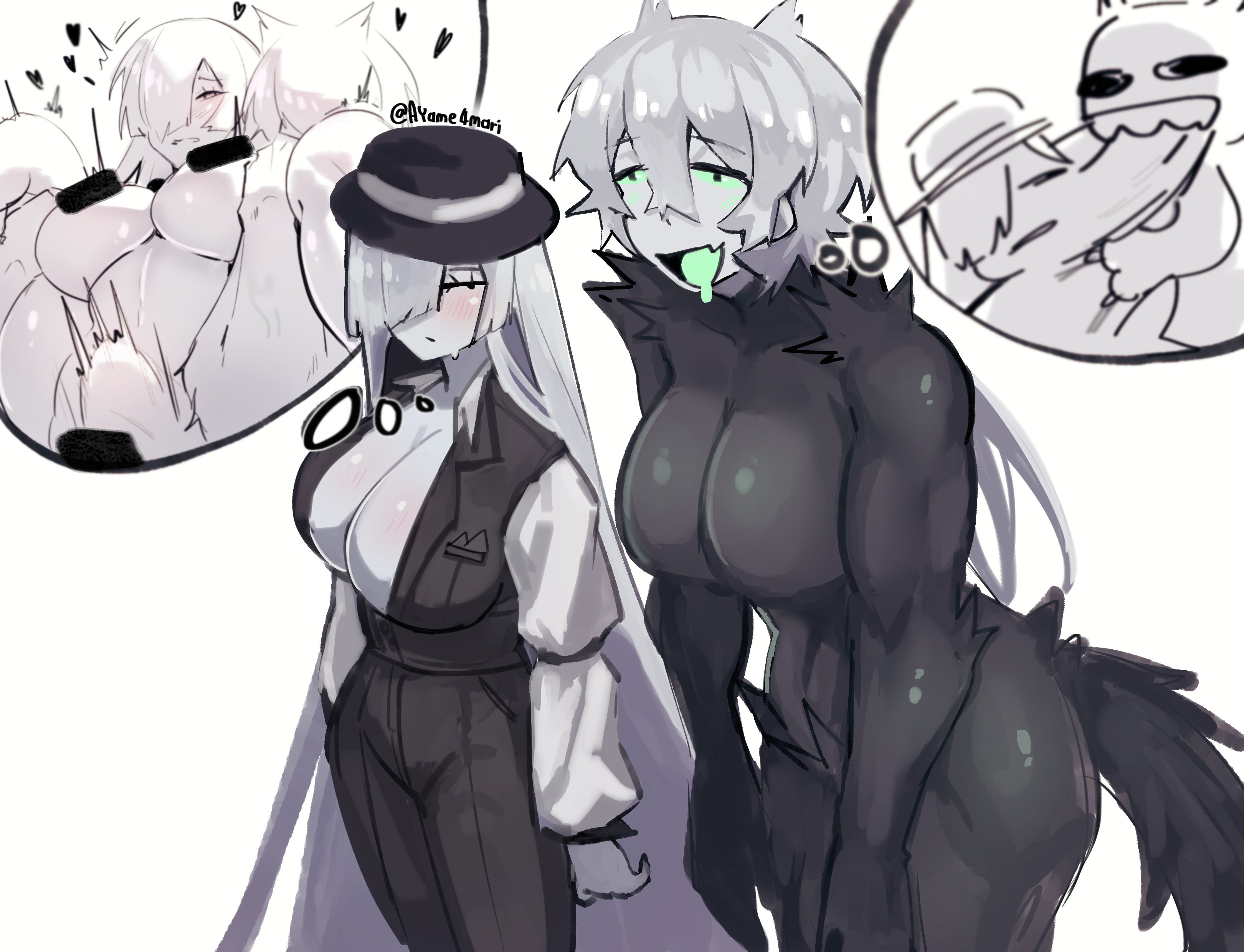 2girls, artful (die of death), artist name, ayame4mari, big breasts, blush, breasts, censored, censored nipples, censored pussy, cleavage, clothed, die of death (roblox), drooling, featureless breasts, female, female only, fur, genderswap, genderswap (mtf), hearts around head, long hair, pursuer (die of death), roblox, roblox game, robloxian, rule 63, standing, stomach, stomach bulge, thick thighs, thighs, thinking about sex, thought bubble, white hair