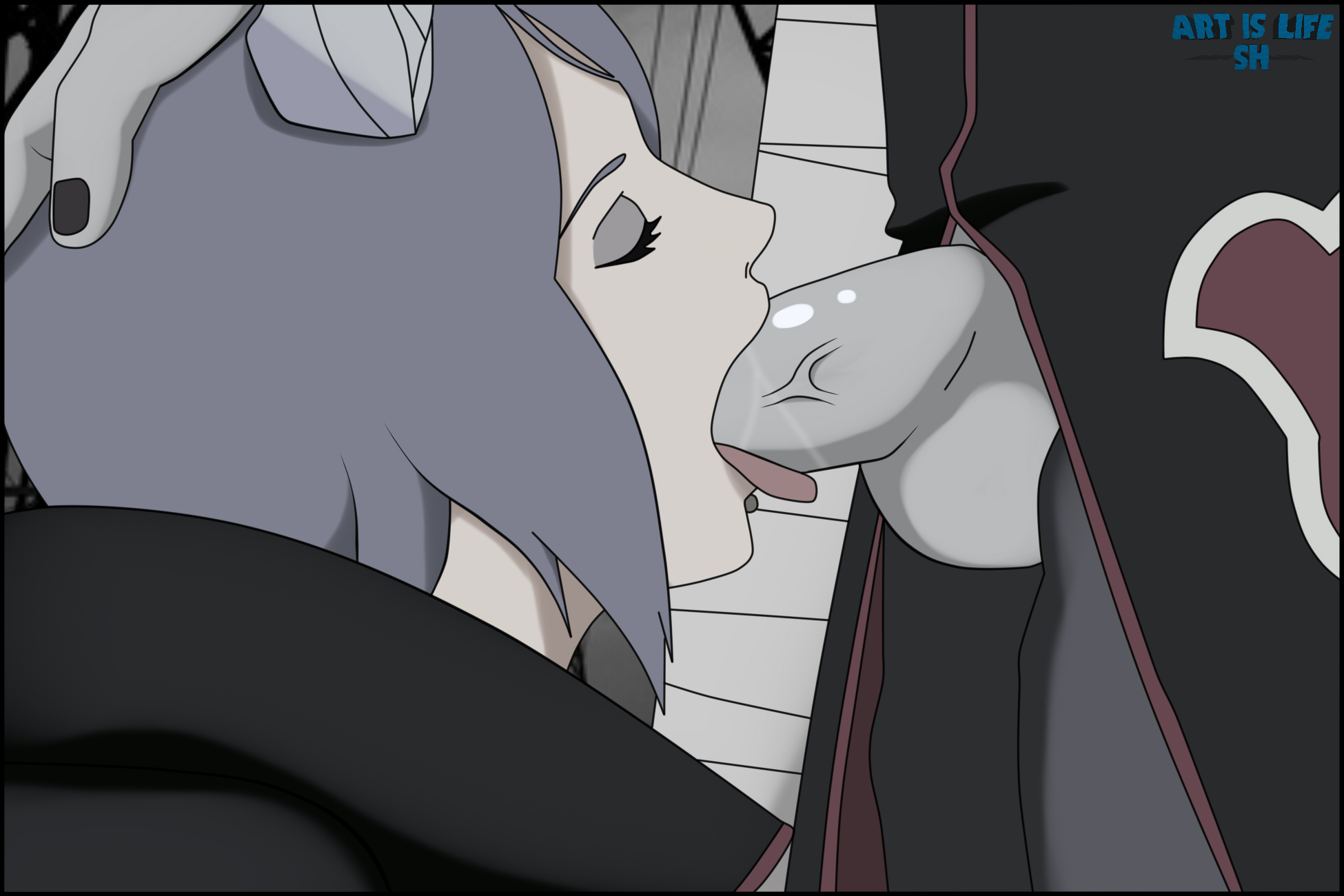 akatsuki (naruto), blue hair, closed eyes, cloudy sky, fellatio, female, hoshigaki kisame, konan, male, nail, naruto, naruto (series), naruto shippuden, ninja, oral, penis, shika-hina