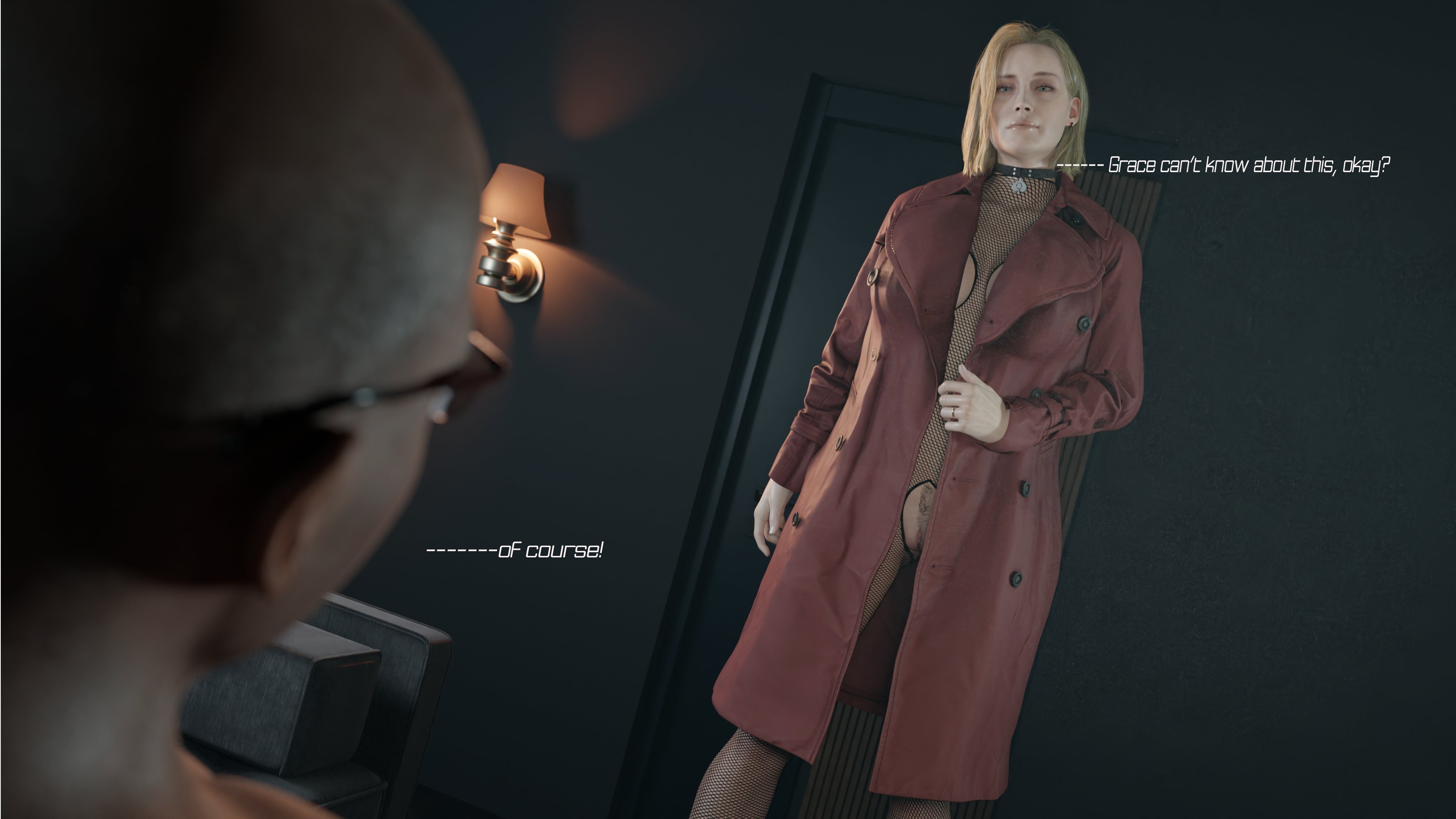 1boy, 1girls, 3d, alyssa ashcroft, alyssa ashcroft (kate delic), big breasts, blonde female, blonde hair, bodystocking, breasts out, capcom, collar, dark skin, dark-, light skin, light-skinned female, milf, nathan dempsy, open clothes, open jacket, overcoat, qos choker, queen of spades, resident evil, resident evil 9: requiem, serahnsfwart
