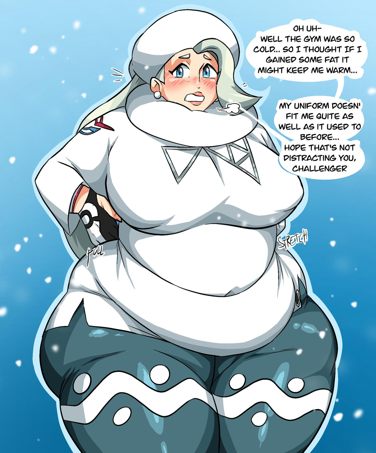 ass, assthethick, bbw, belly, belly overhang, big ass, big belly, big breasts, breasts, bubble ass, bubble butt, english text, fat, fat ass, female, female focus, huge ass, huge breasts, huge thighs, hyper thighs, large ass, large breasts, melony (pokemon), morbidly obese, morbidly obese female, nintendo, obese, overweight, overweight female, pokemon, white hair, winter, winter clothes