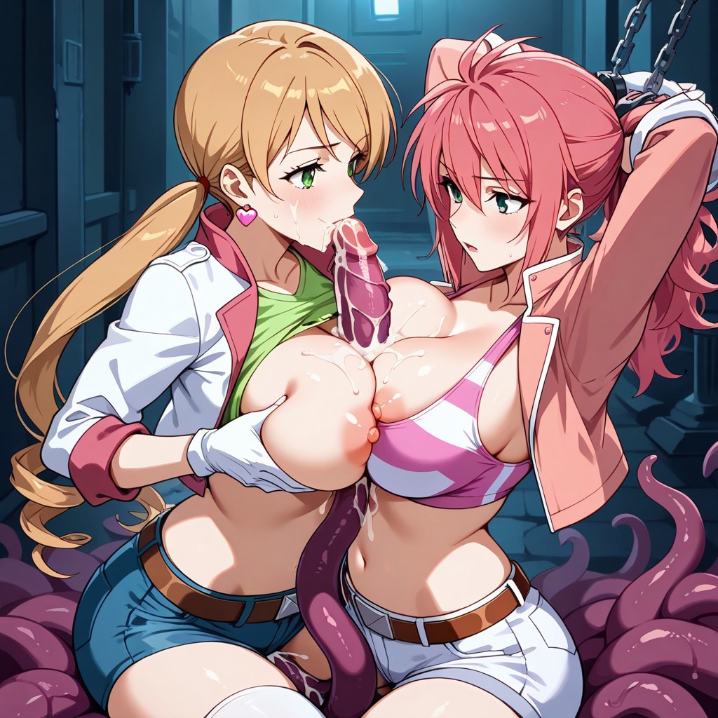 2girls ai_generated blonde_hair blowjob bondage boobjob breasts breasts_out bukkake chained chains cum cum_on_breasts feldt_grace fellatio female green_eyes gundam gundam_00 gundam_tekketsu_no_orphans hair lafter_frankland long_hair oral paizuri pink_hair red_hair restrained ripped_clothing submissive submissive_female tentacle tentacle_bondage titjob torn_clothes vaginal_penetration