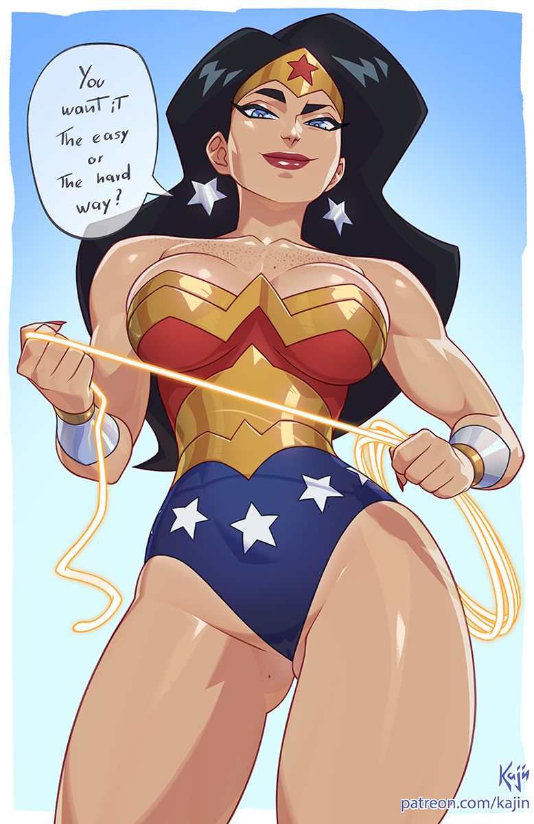 1girl 1girls black_eyebrows black_hair blue_eyes femdom fingernails freckles freckles_on_chest kajinman large_breasts lasso lasso_of_truth looking_at_viewer looking_down pov red_fingernails simple_background smile speech_bubble wonder_woman wonder_woman_(series)